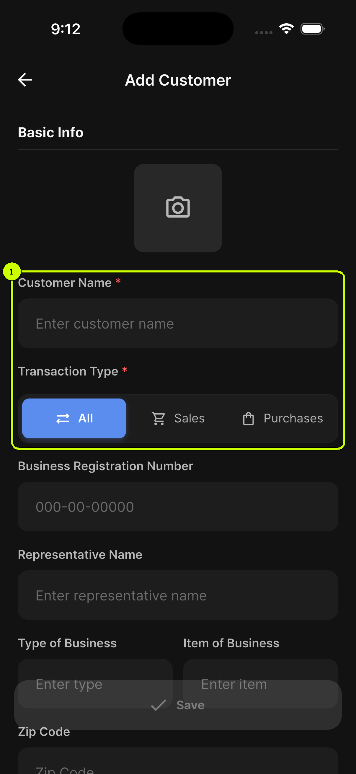 SalesDocks English customer registration screen with the name and transaction type fields