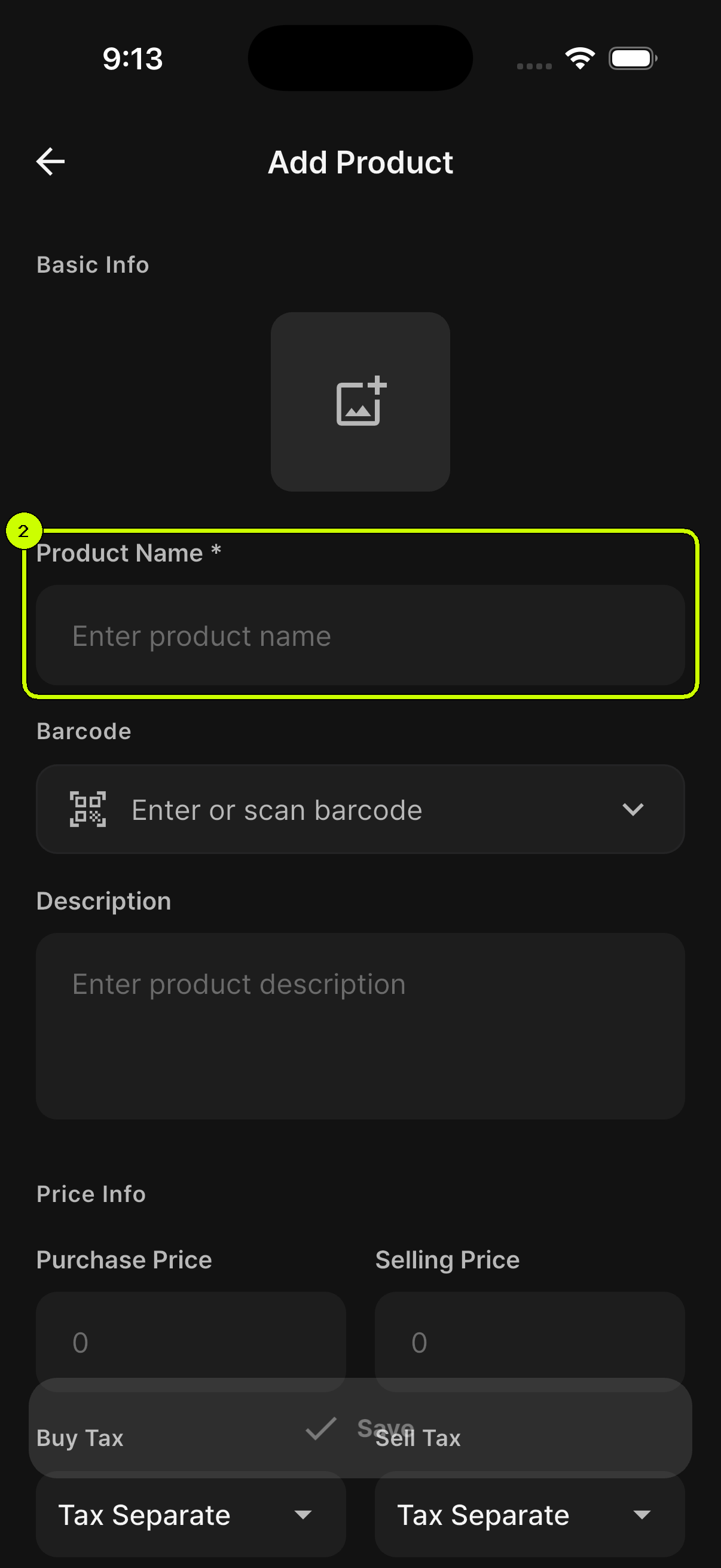 SalesDocks English product registration screen with a product ready to save