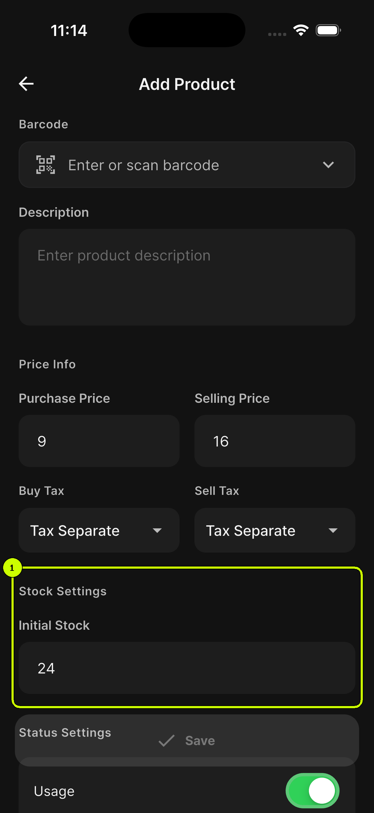 Stock Settings and Initial Stock highlighted on the SalesDocks English Add Product screen