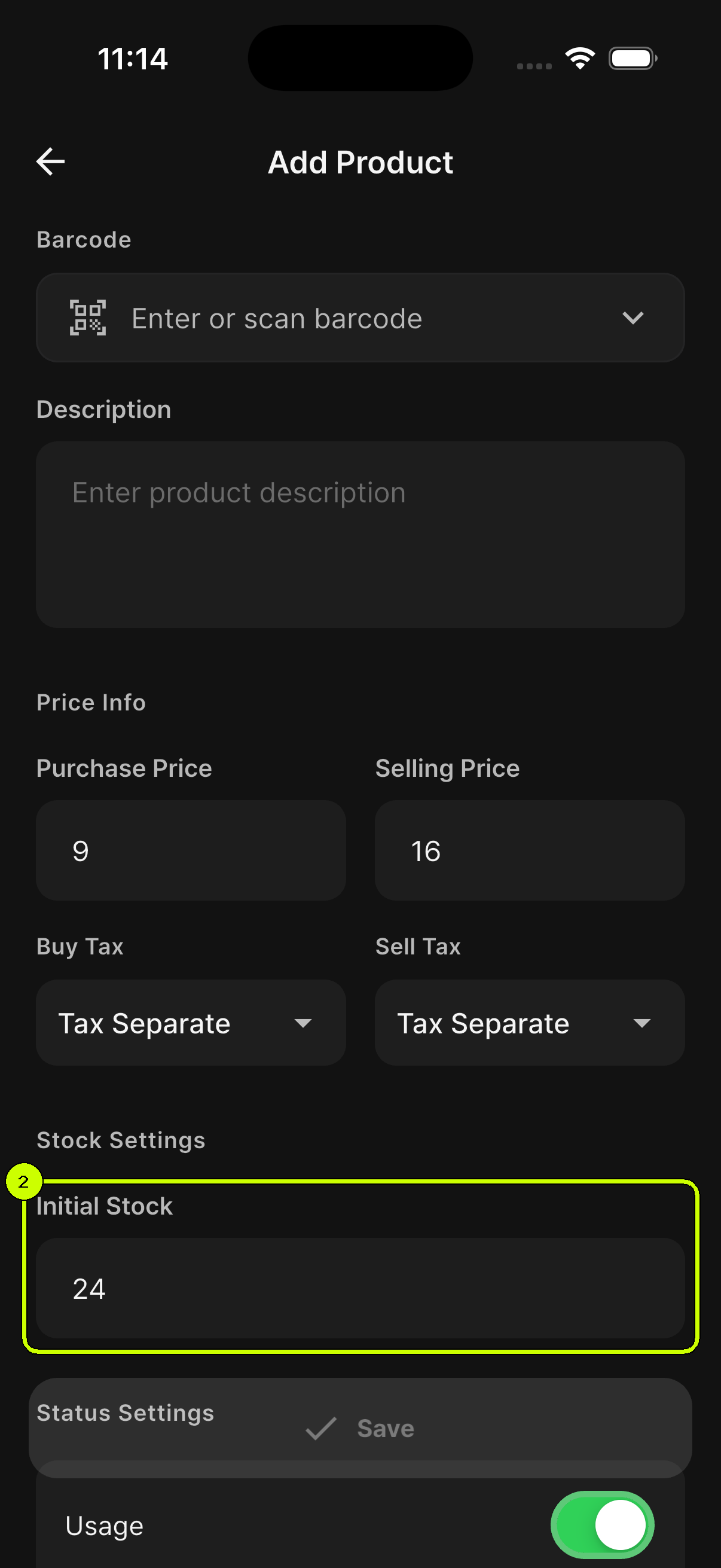 Initial Stock value 24 highlighted on the SalesDocks English Add Product screen