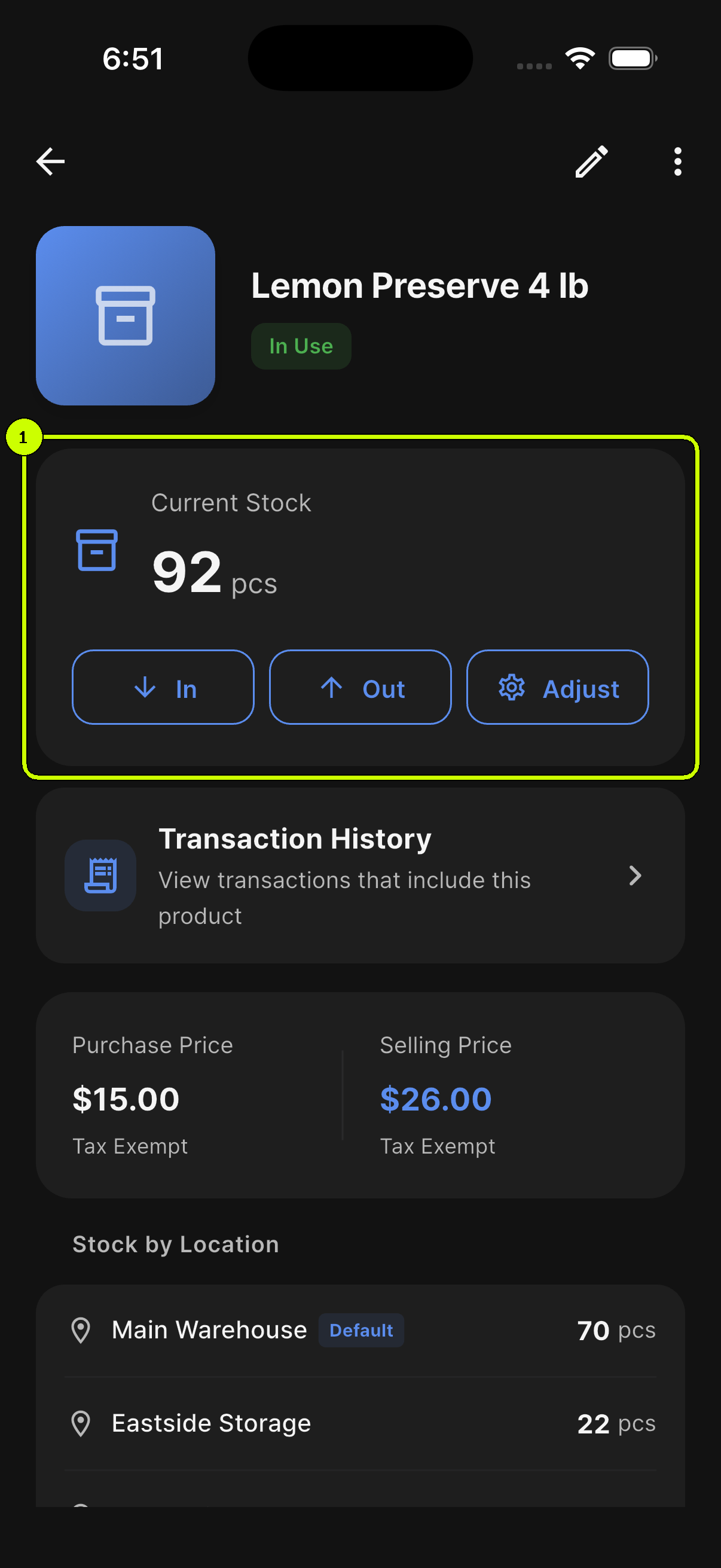 Current Stock card highlighted in the SalesDocks English product details for Lemon Preserve 4 lb