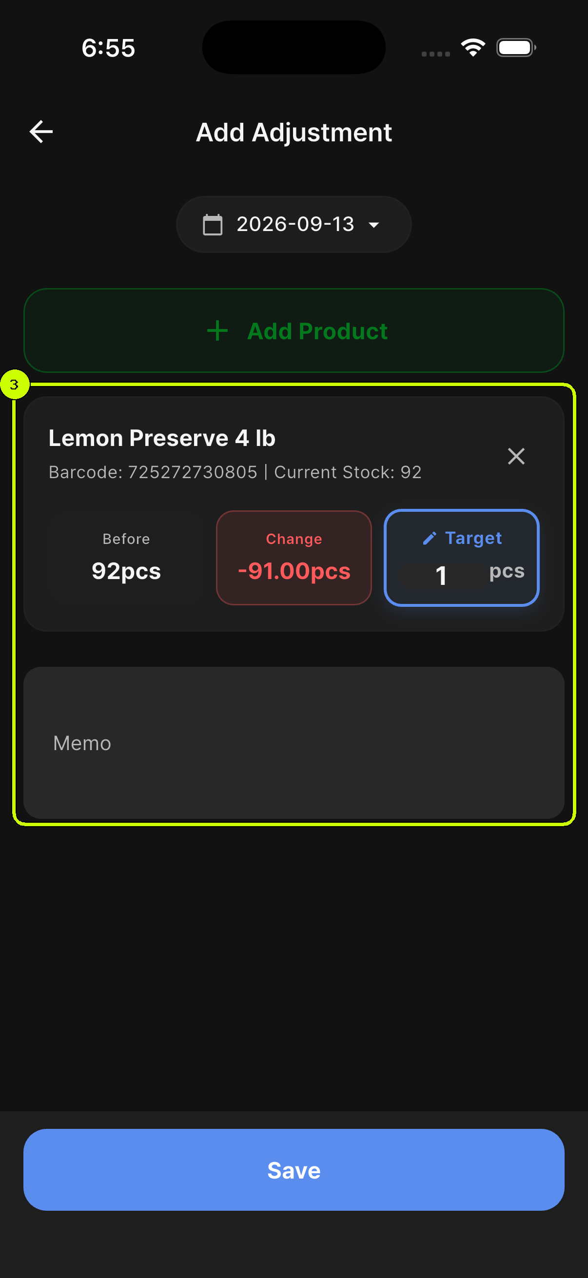 Target quantity field and memo area highlighted in the SalesDocks Add Adjustment screen for Lemon Preserve 4 lb