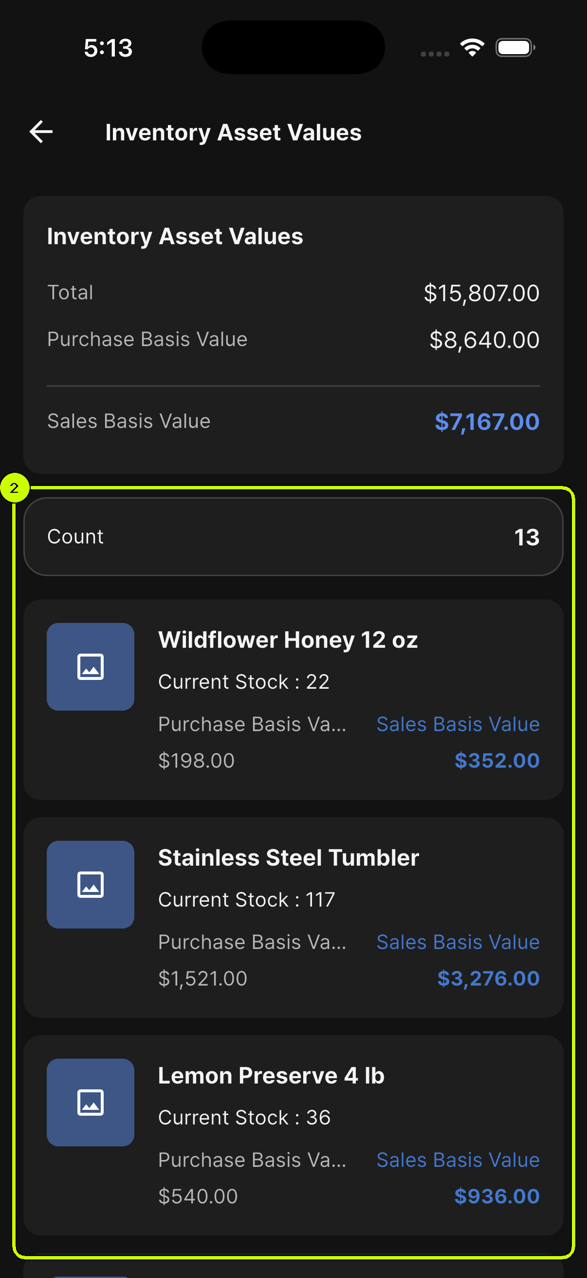 Product count and positive current stock quantities highlighted in SalesDocks Inventory Asset Values