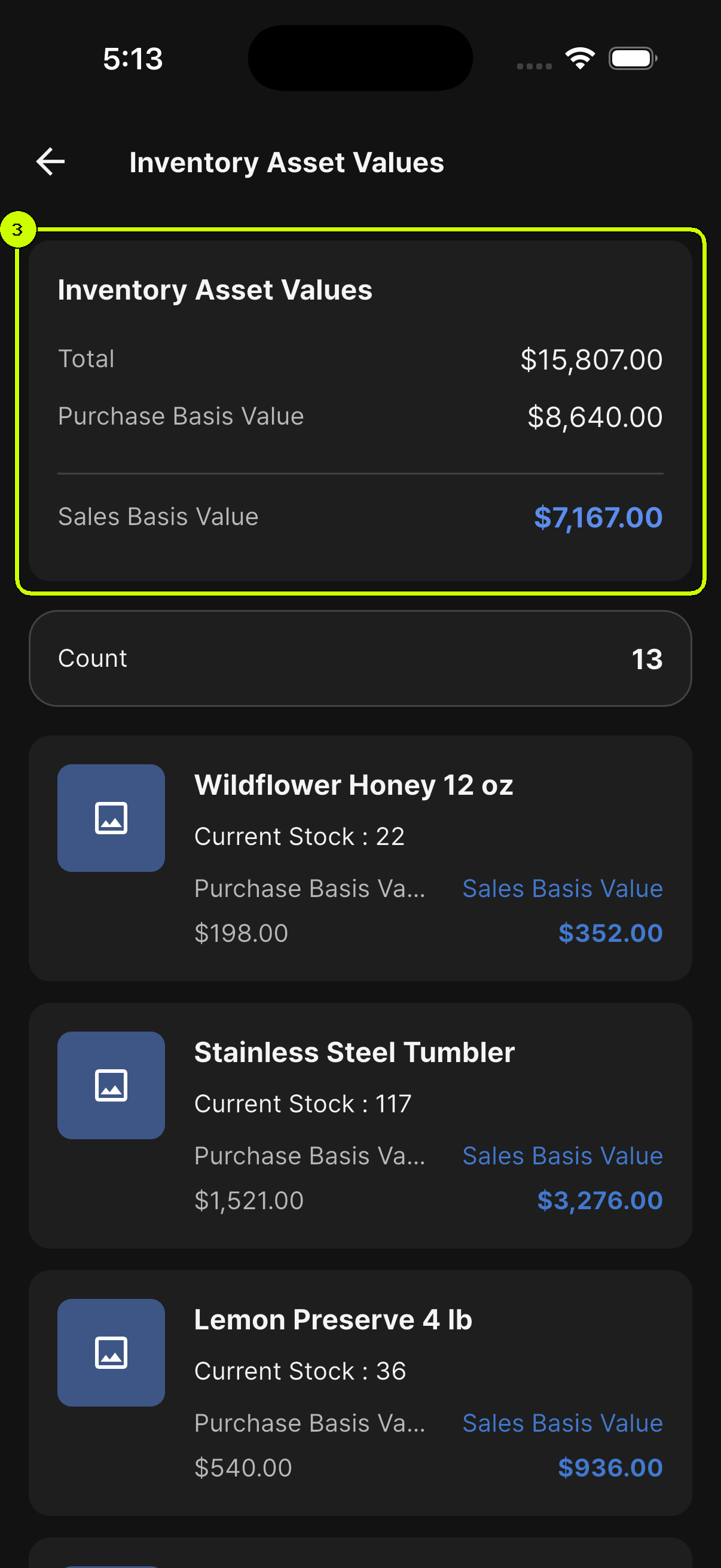 Purchase basis and sales basis inventory values highlighted in the SalesDocks English app
