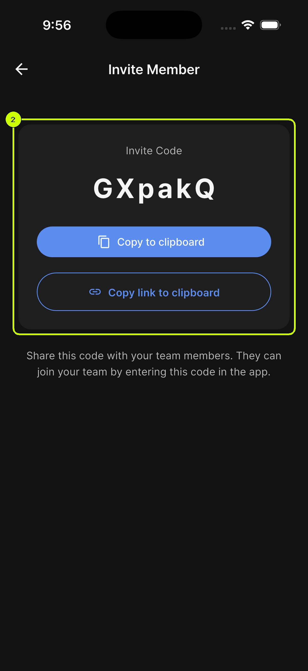 SalesDocks English Invite Member screen with the invitation code and copy buttons highlighted