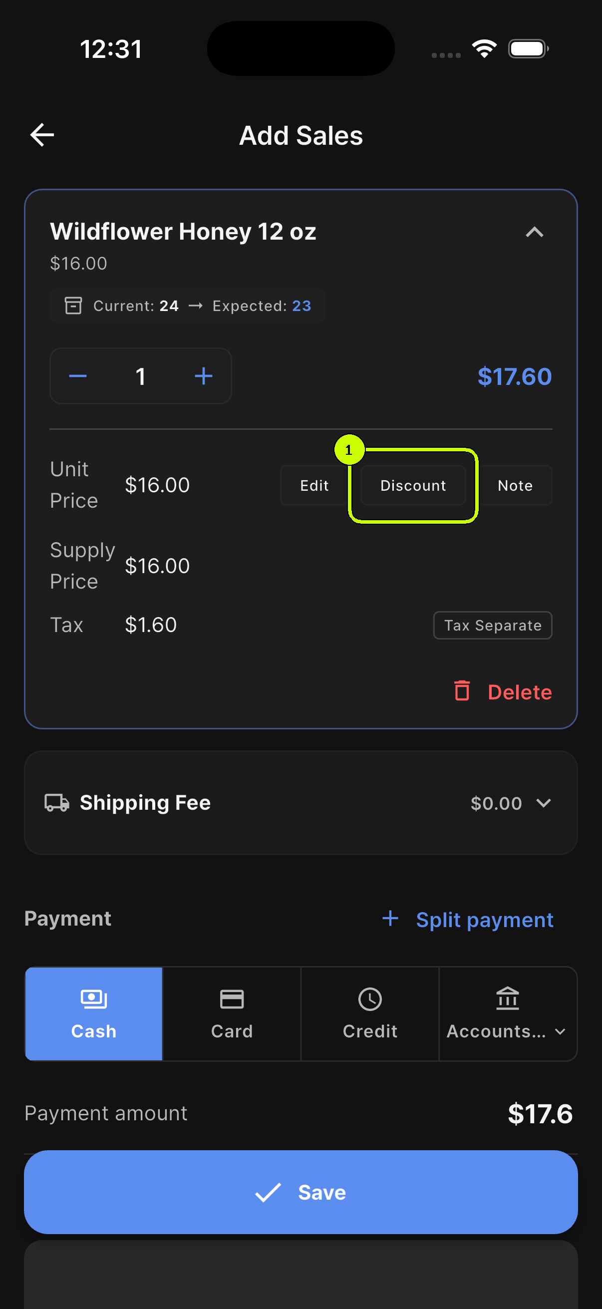 Discount button highlighted in the expanded Wildflower Honey product card on a SalesDocks English sale