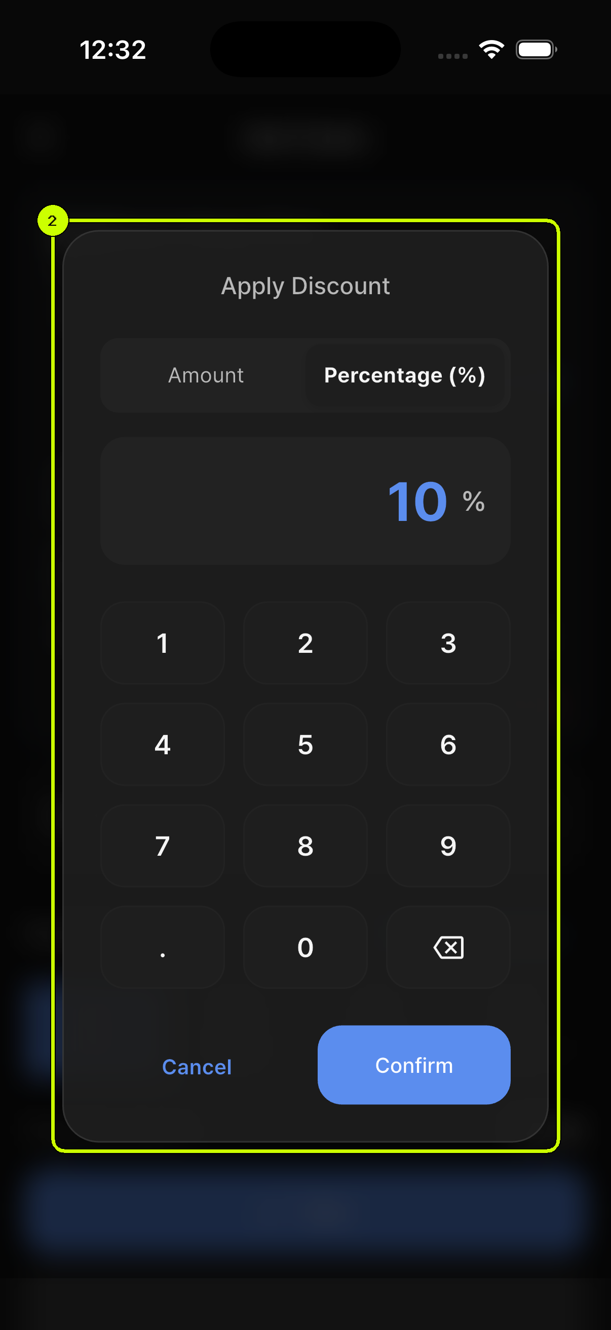 Ten percent entered in the Percentage mode of the SalesDocks English item discount keypad