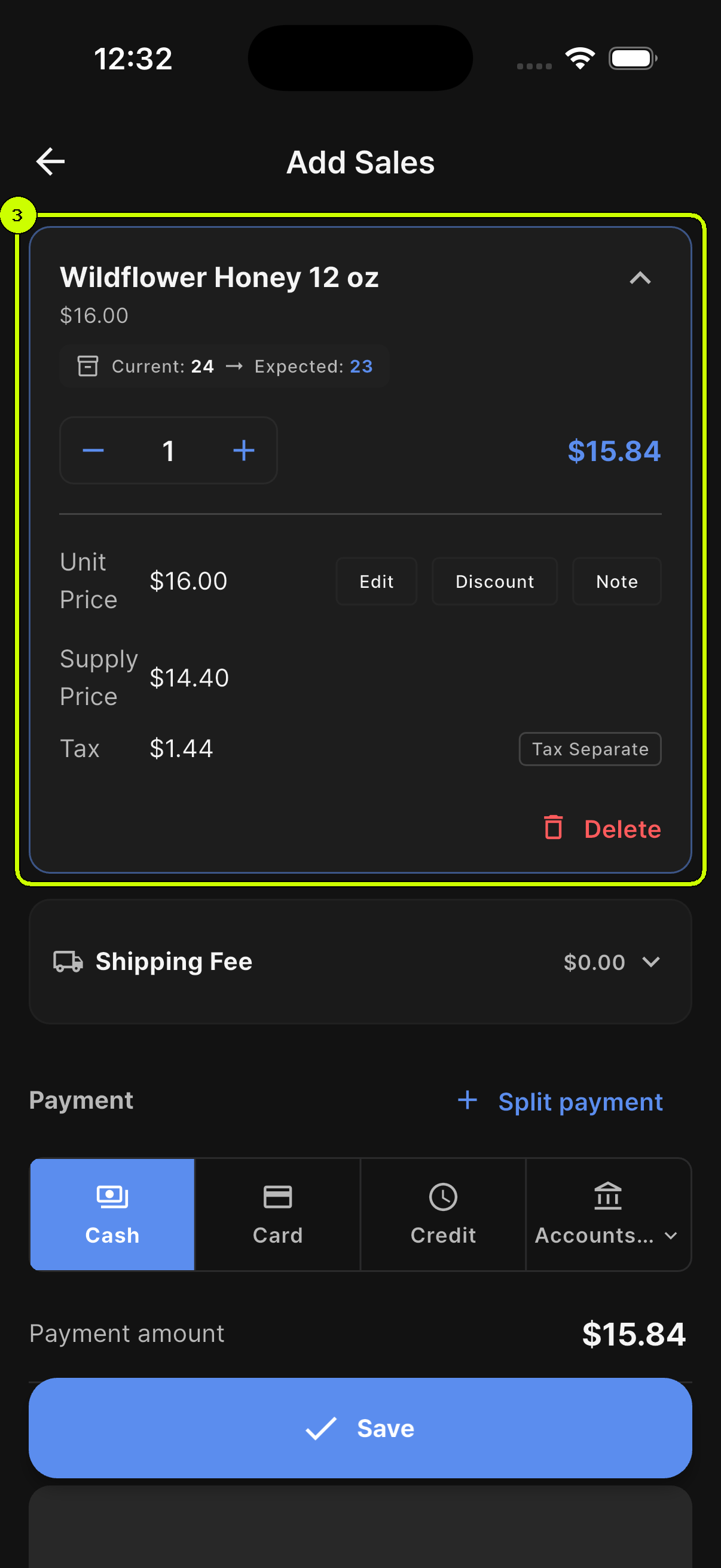 Wildflower Honey item total, supply price, tax, and payment amount recalculated after a ten percent item discount