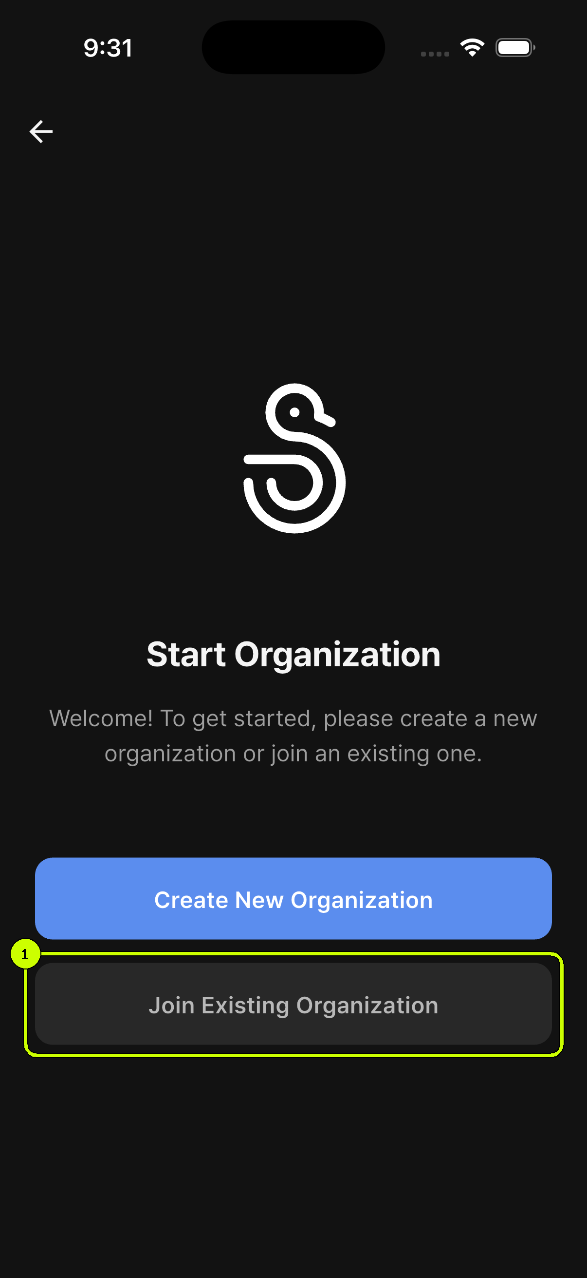 SalesDocks English organization setup screen with options to create or join an organization