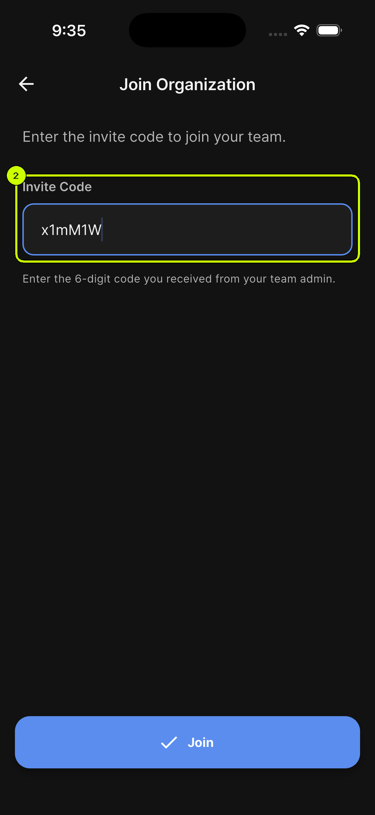 SalesDocks English invitation code screen with the Join action enabled