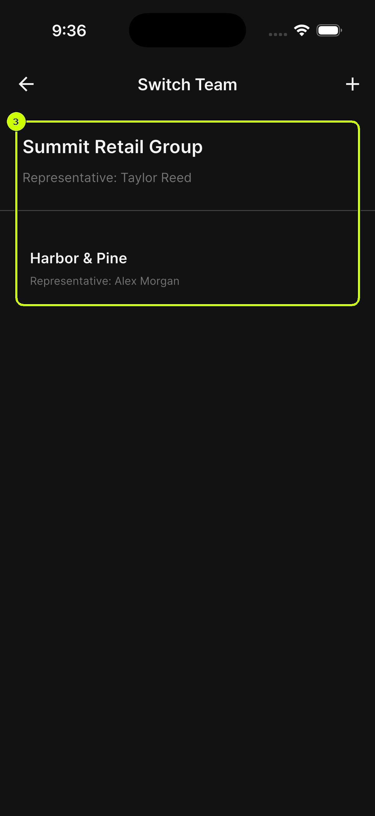 SalesDocks English Switch Team screen showing Summit Retail Group and Harbor & Pine