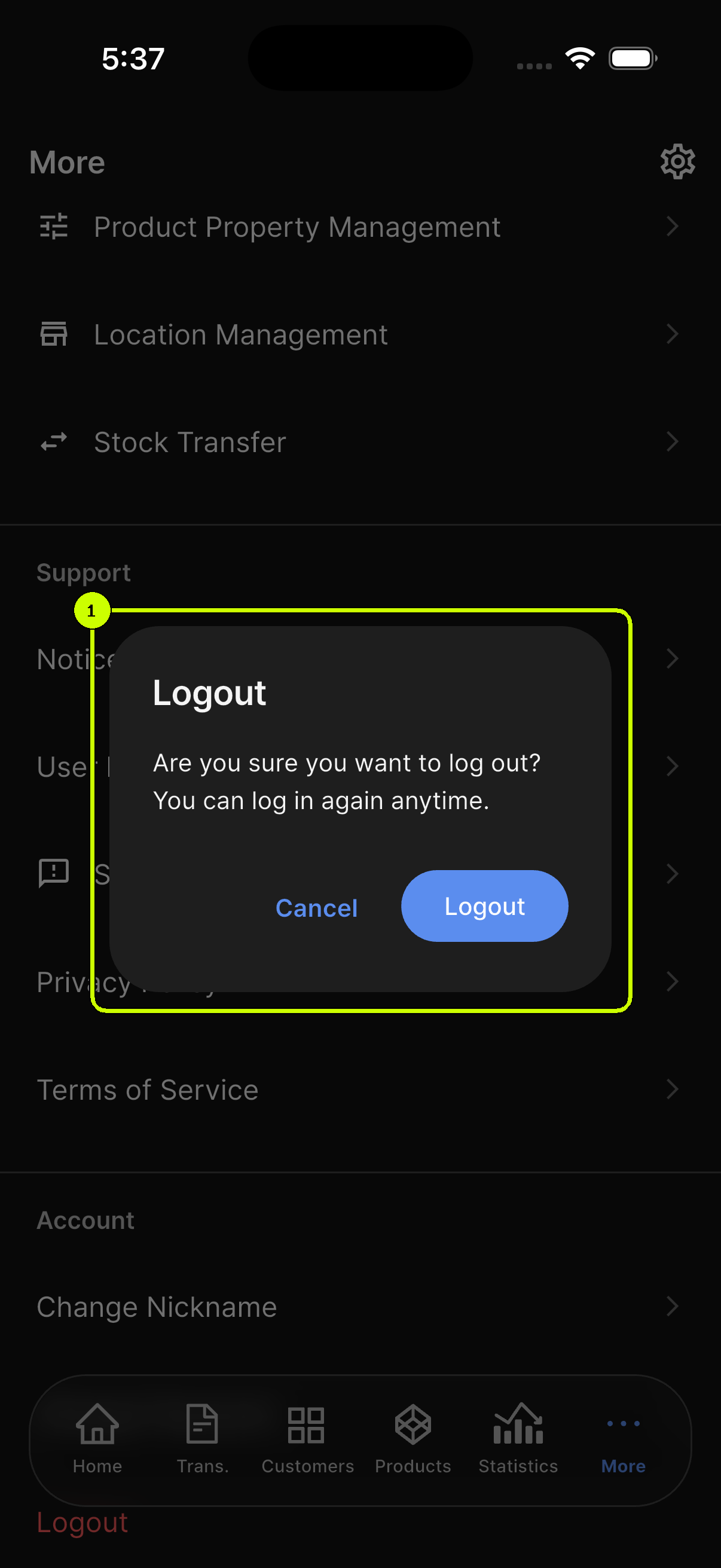 Cancel and Logout actions highlighted in the SalesDocks English logout confirmation