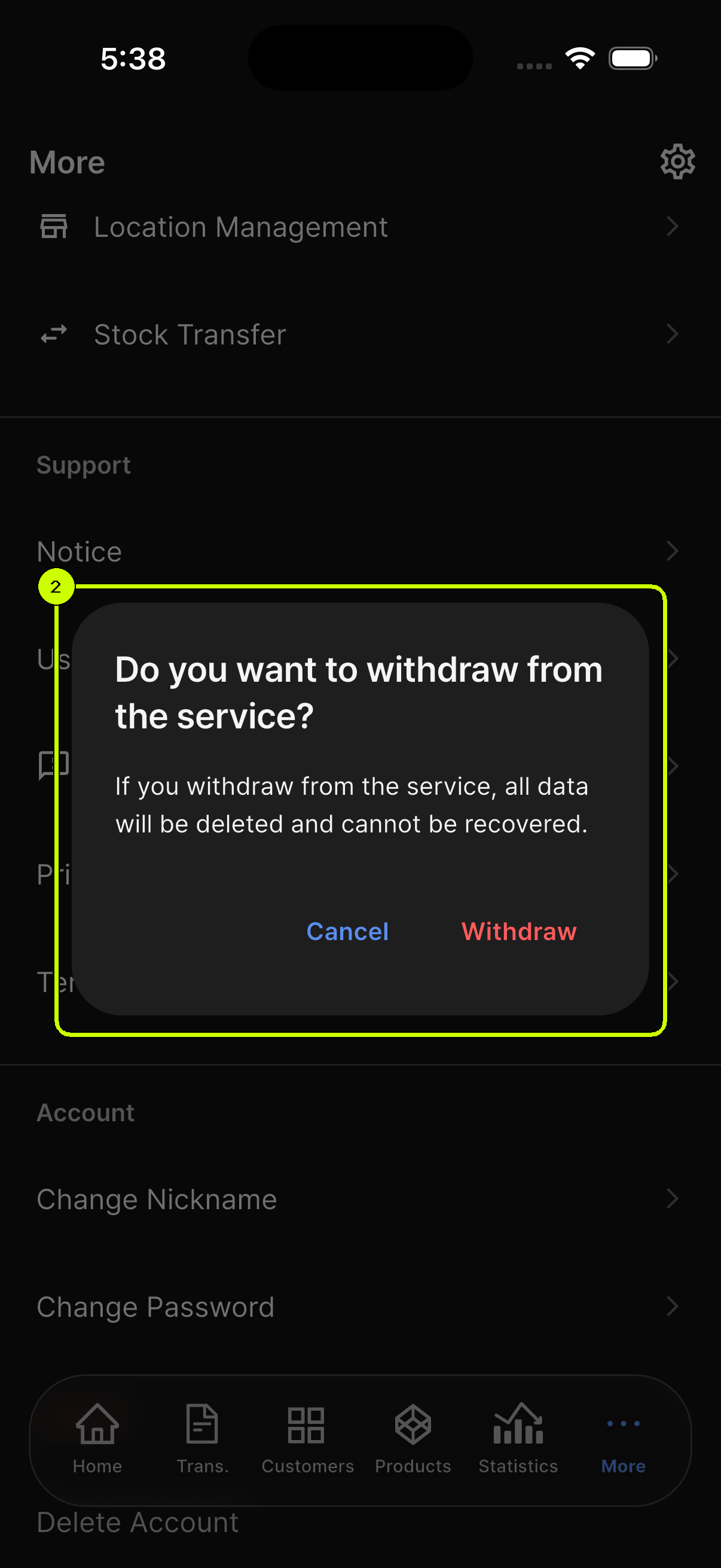 Irreversible withdrawal warning and actions highlighted in the SalesDocks English account deletion confirmation