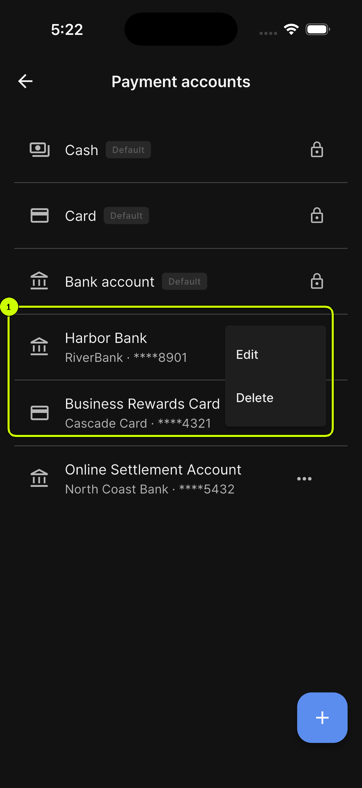 Edit and Delete menu highlighted for Harbor Bank in the SalesDocks English payment account list