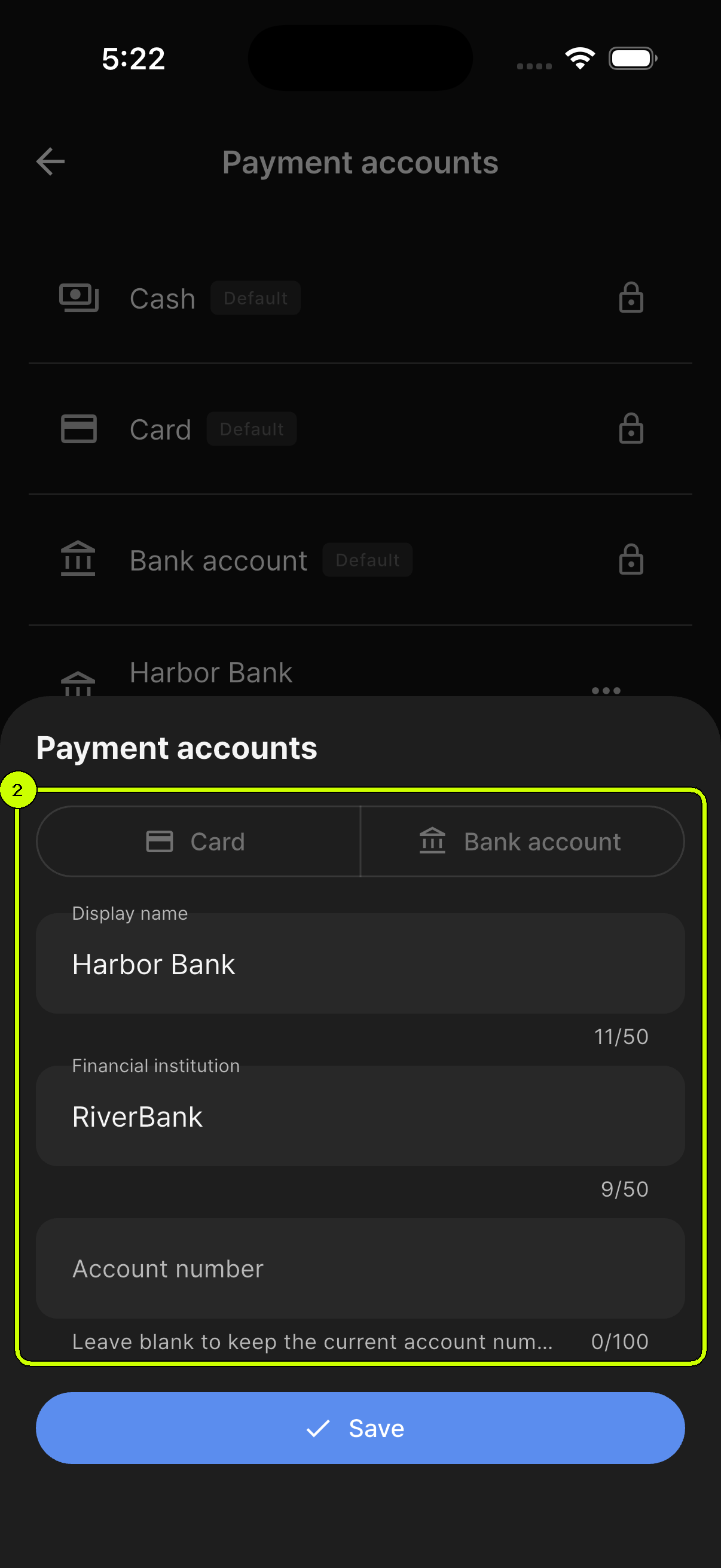 Display name, financial institution, and account number fields highlighted in the SalesDocks English edit payment account sheet