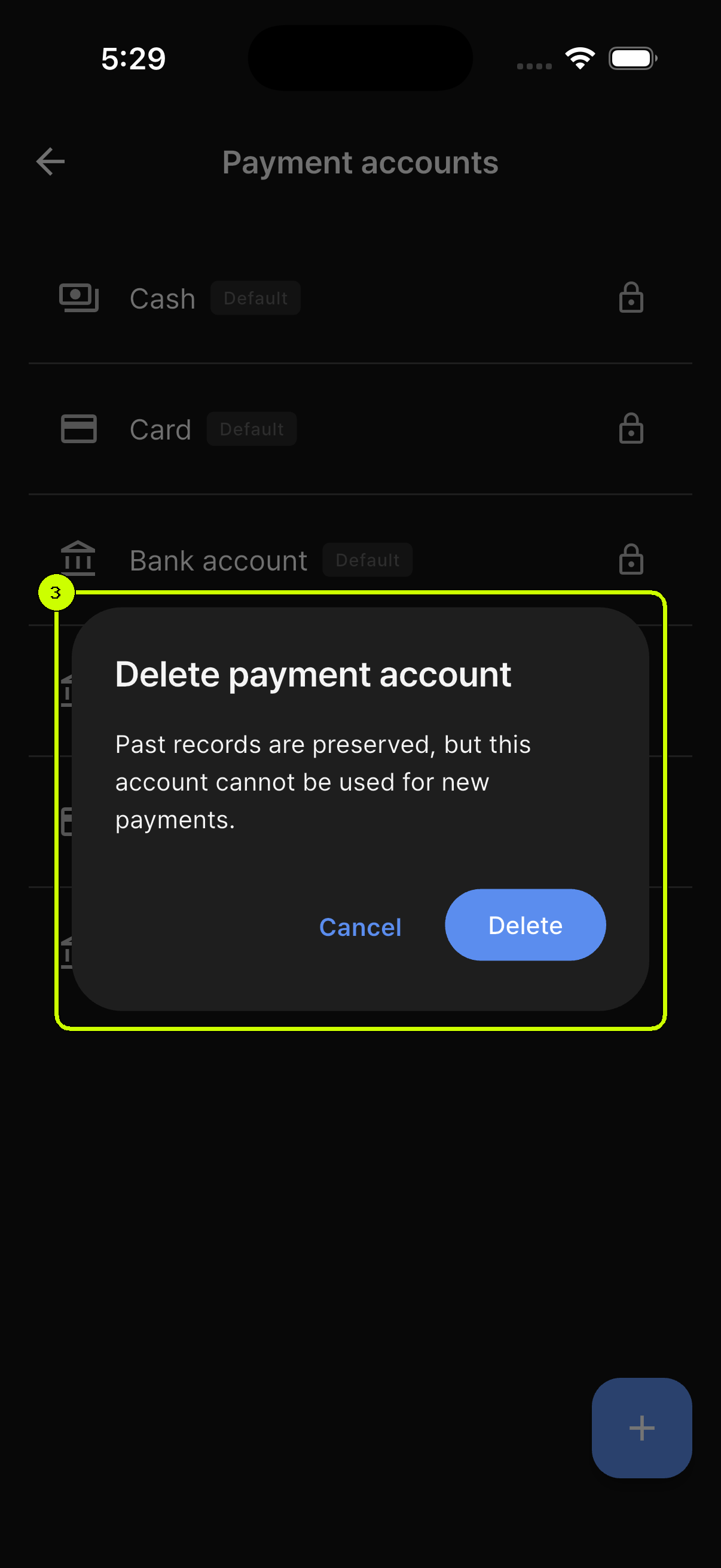 Delete payment account confirmation highlighted in the SalesDocks English app