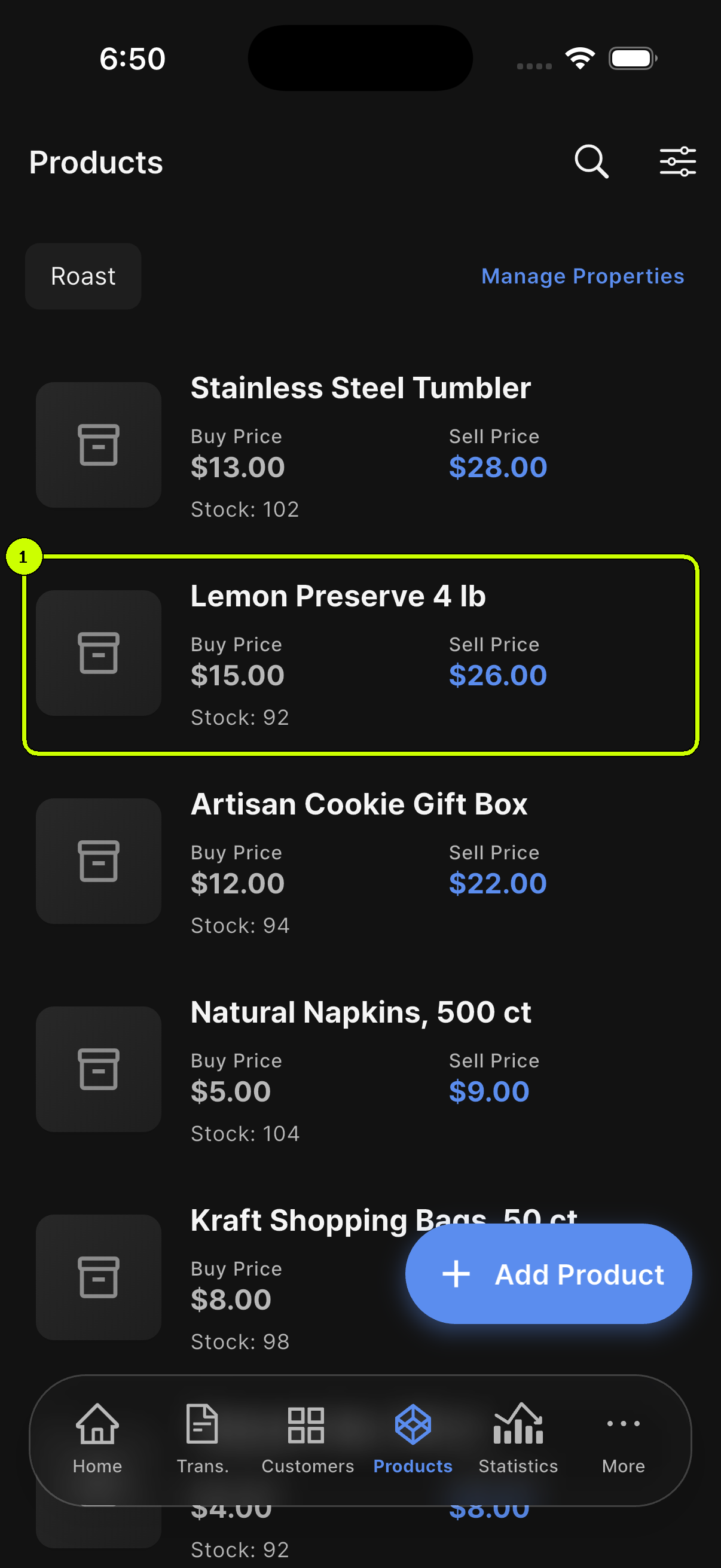 Lemon Preserve 4 lb row highlighted in the SalesDocks English product list