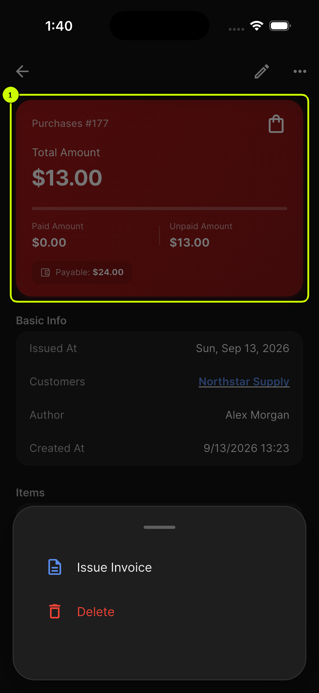 SalesDocks English purchase detail screen with the purchase amount summary highlighted