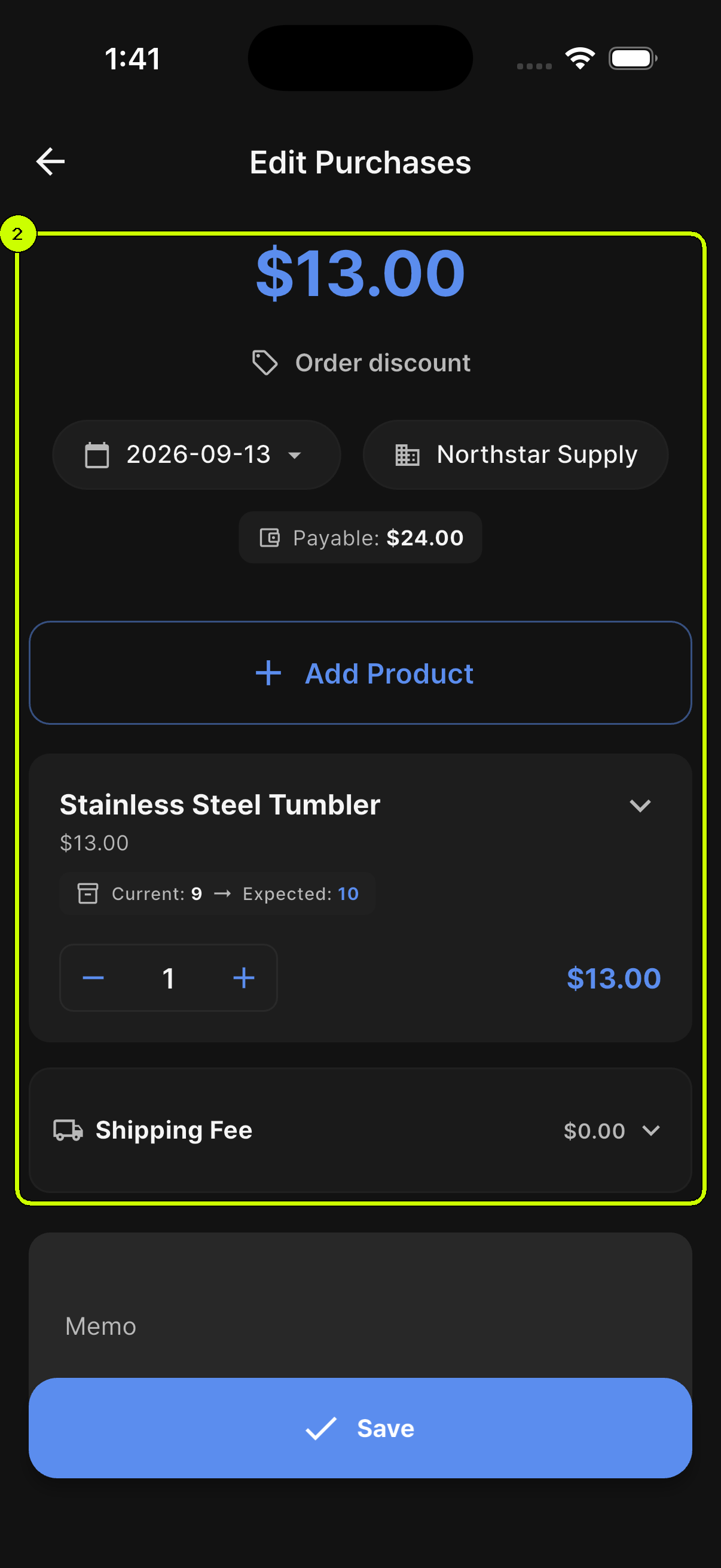 SalesDocks English purchase form with the amount, product, quantity, and shipping fee controls highlighted