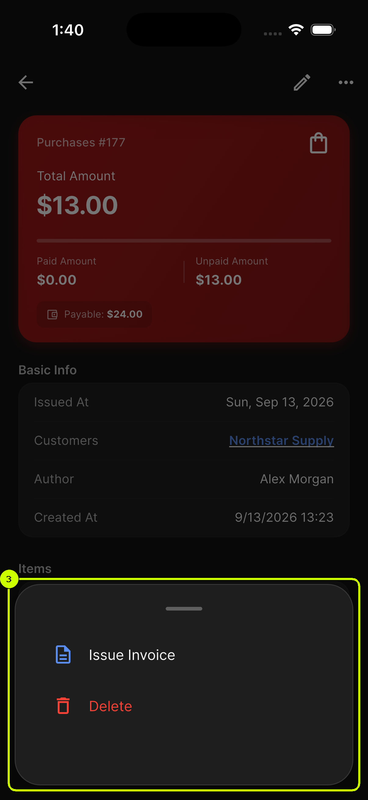 SalesDocks English purchase detail screen with the invoice and delete menu highlighted