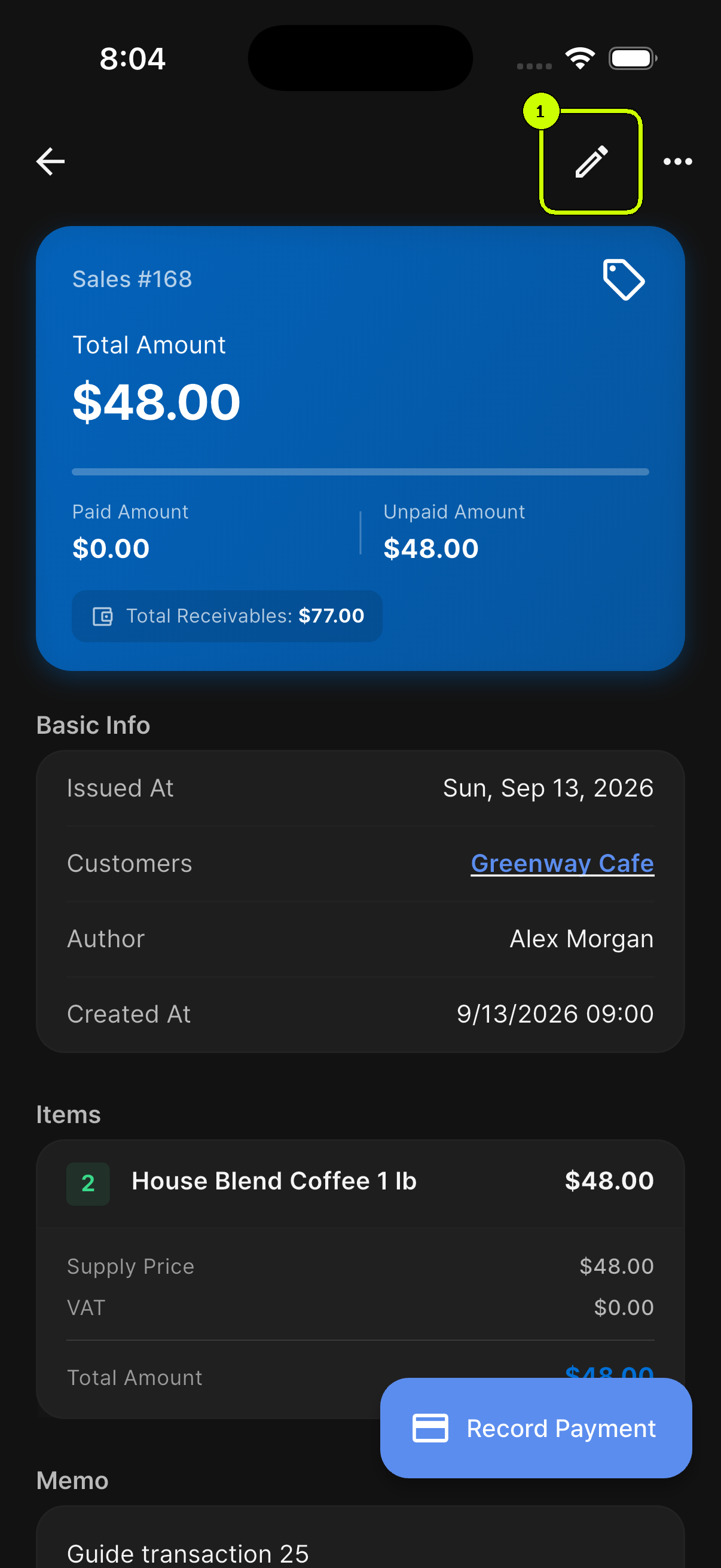 Pencil edit button highlighted on a SalesDocks English unpaid sale detail