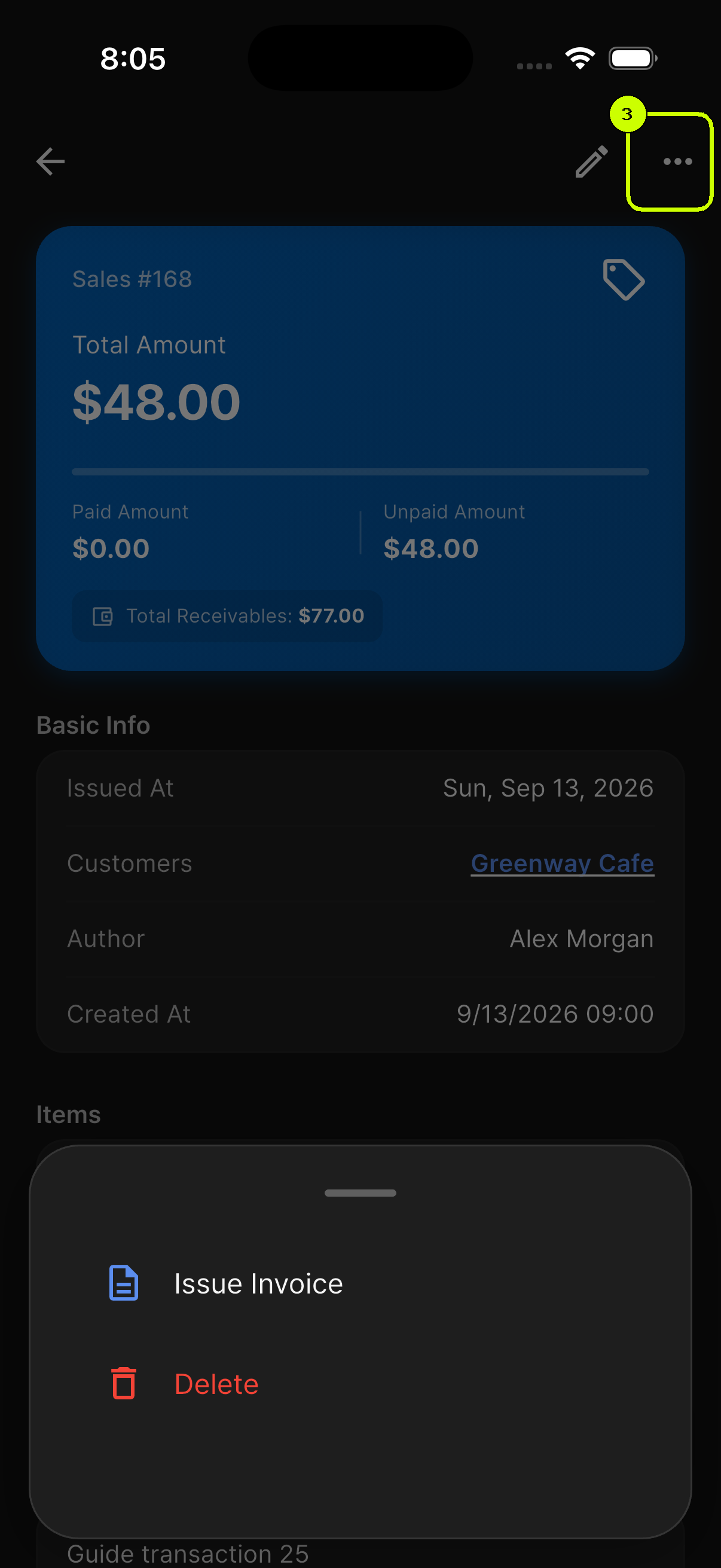 More menu button highlighted on a SalesDocks English unpaid sale detail