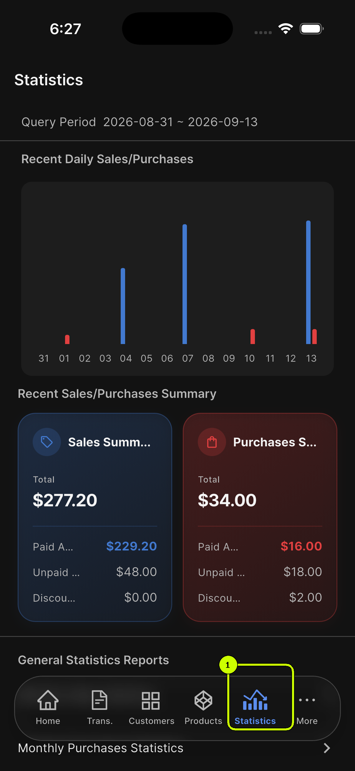 Statistics tab highlighted in the bottom navigation of the SalesDocks English app