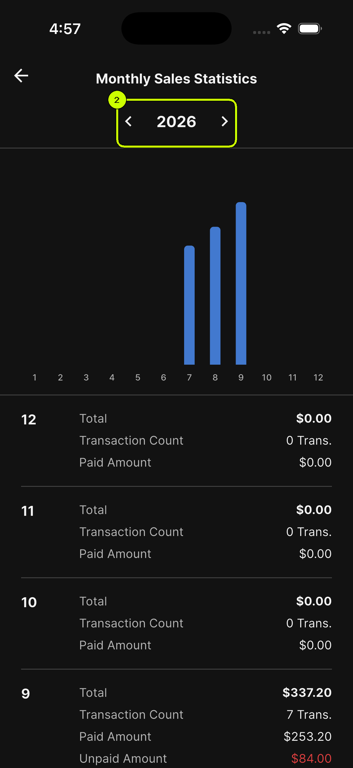 Year selector highlighted on Monthly Sales Statistics in the SalesDocks English app