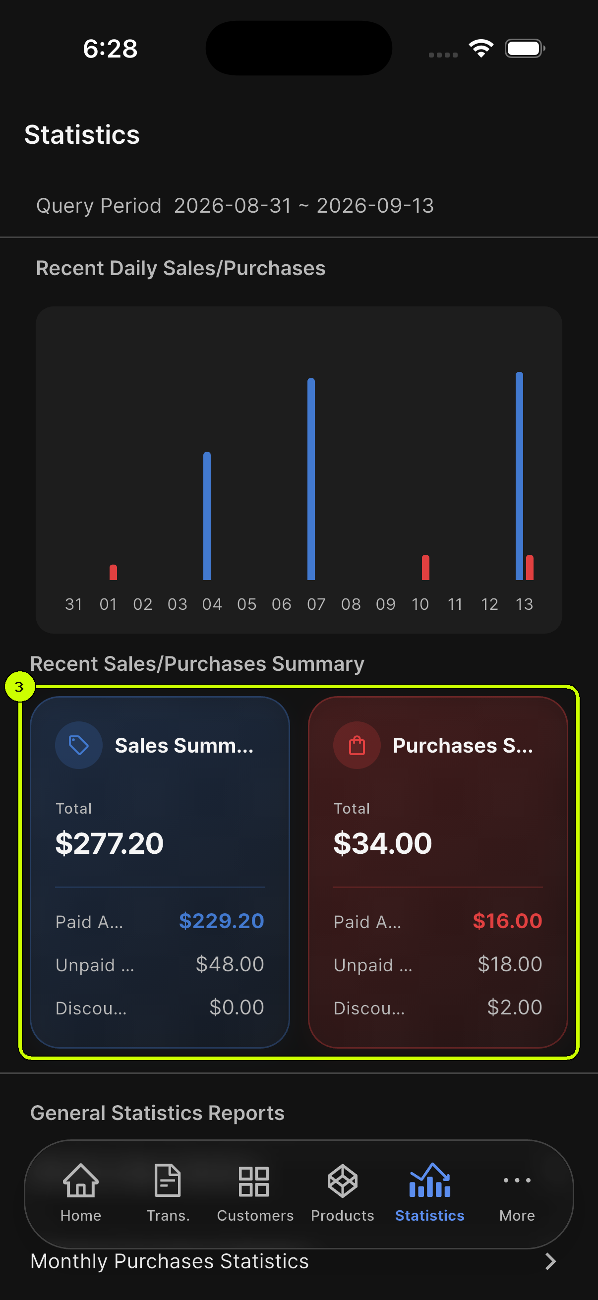 Sales Summary and Purchases Summary highlighted on the SalesDocks English Statistics screen
