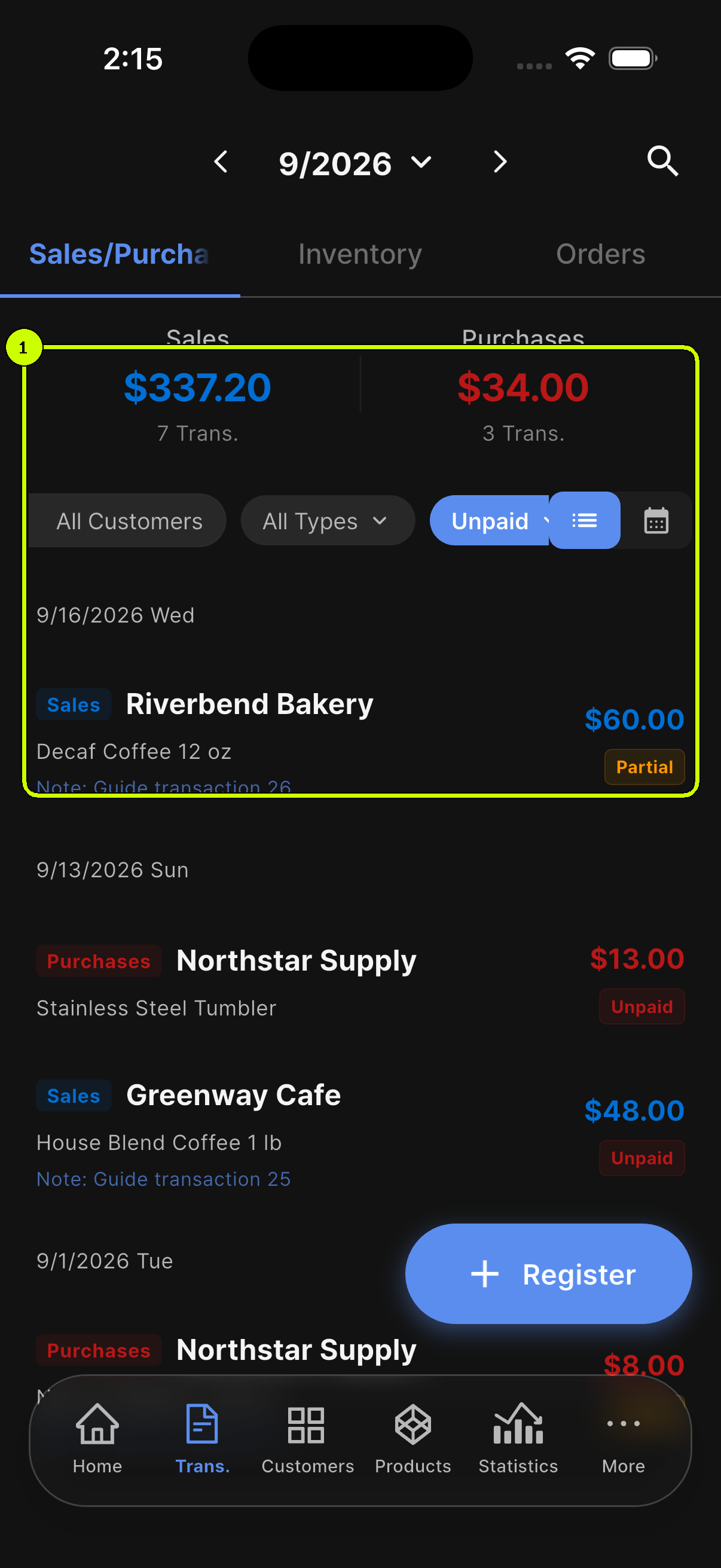 SalesDocks English transaction list with the Unpaid filter and open transactions highlighted