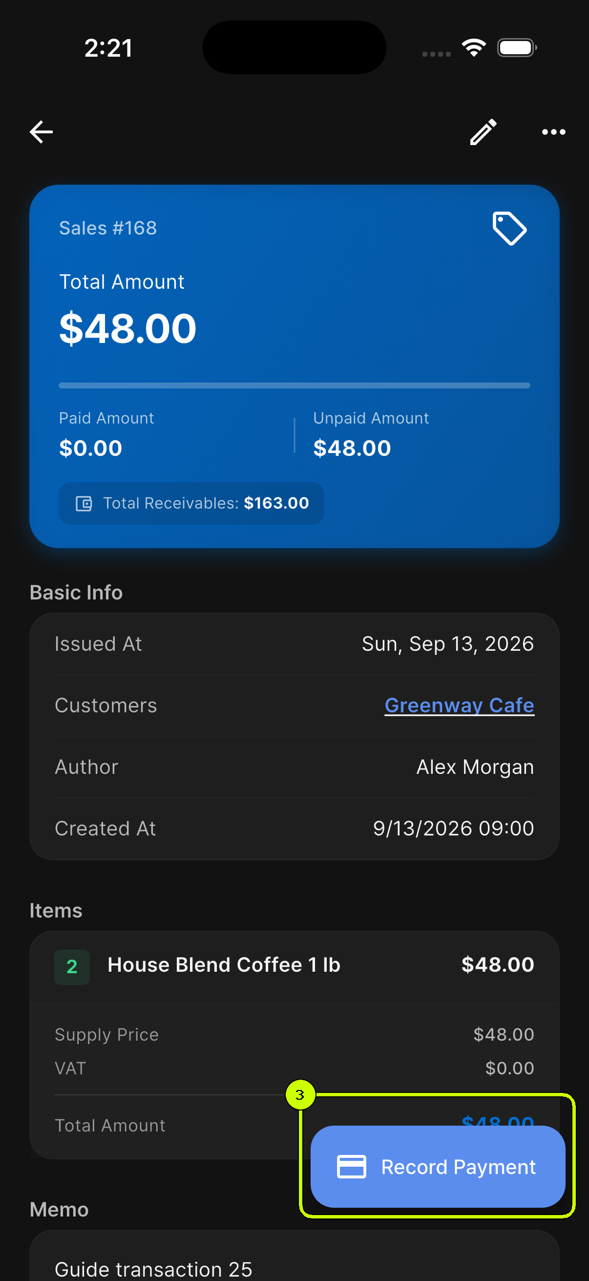 SalesDocks English sale detail with the Record Payment button highlighted