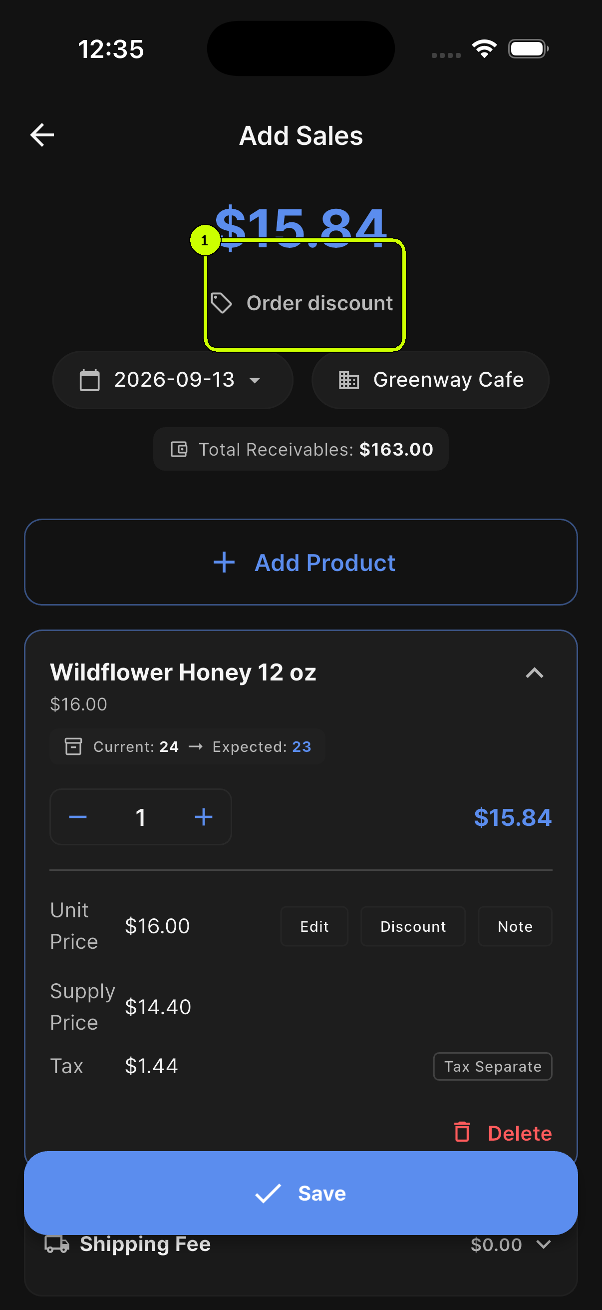 Order discount control highlighted below the sale total in a SalesDocks English sale for Greenway Cafe