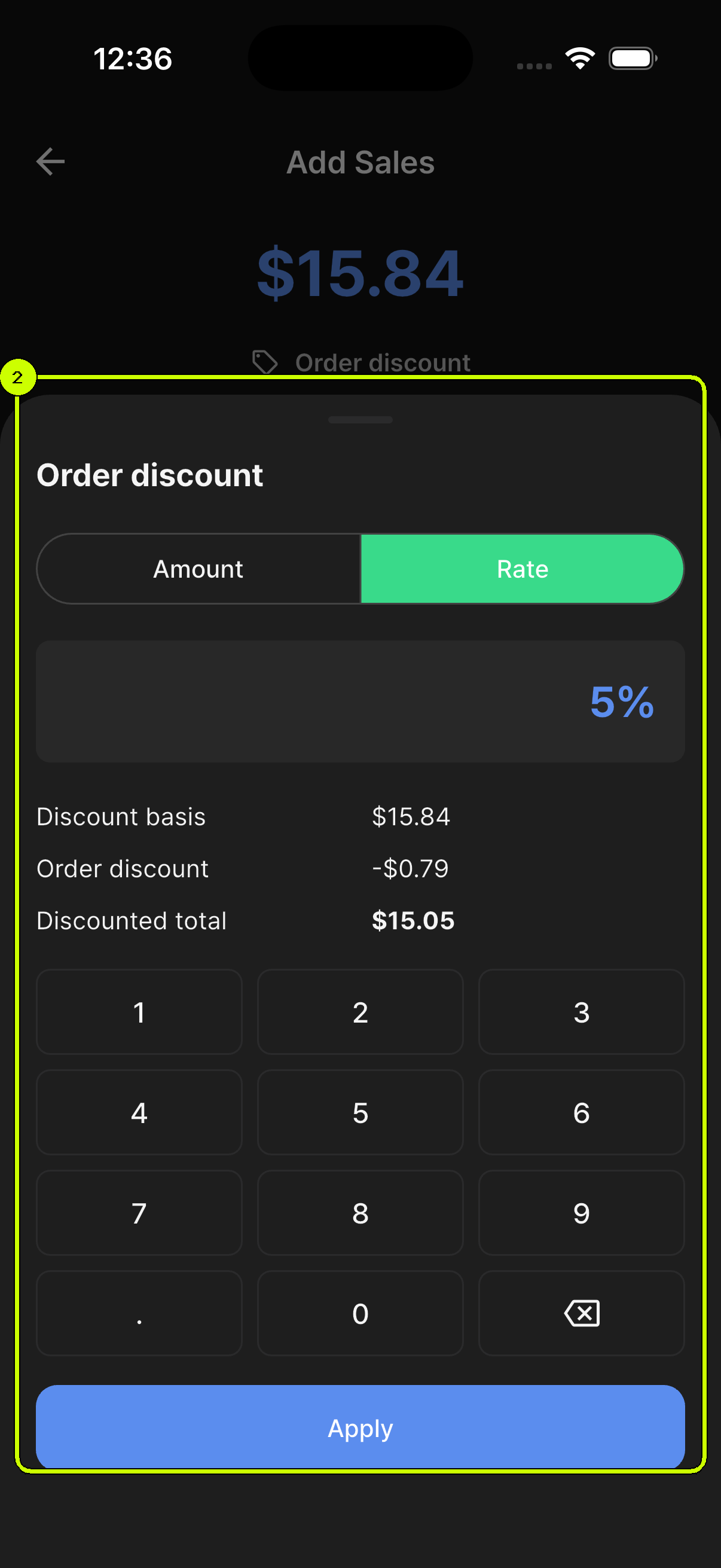 Five percent order discount with discount basis and discounted total shown in the SalesDocks English order discount sheet