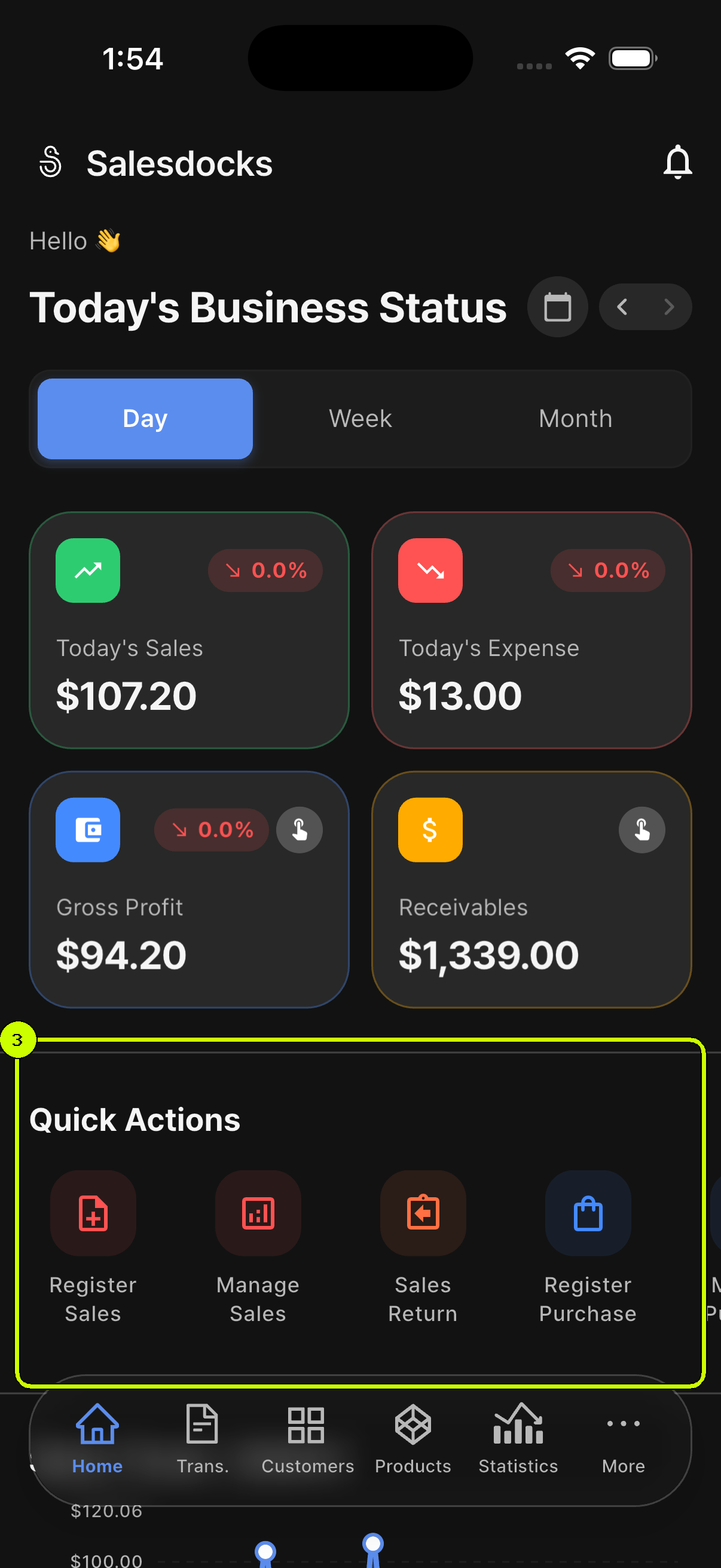 SalesDocks English Home screen with the Quick Actions area highlighted