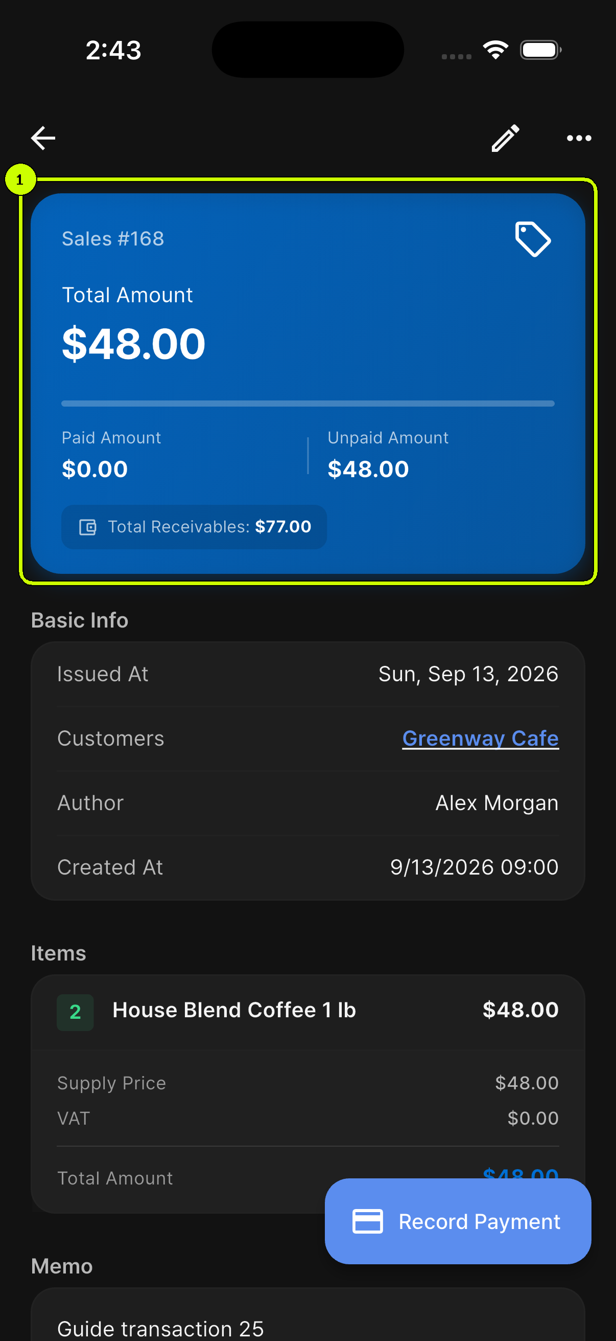 SalesDocks English sale detail with the unpaid amount highlighted before a partial payment