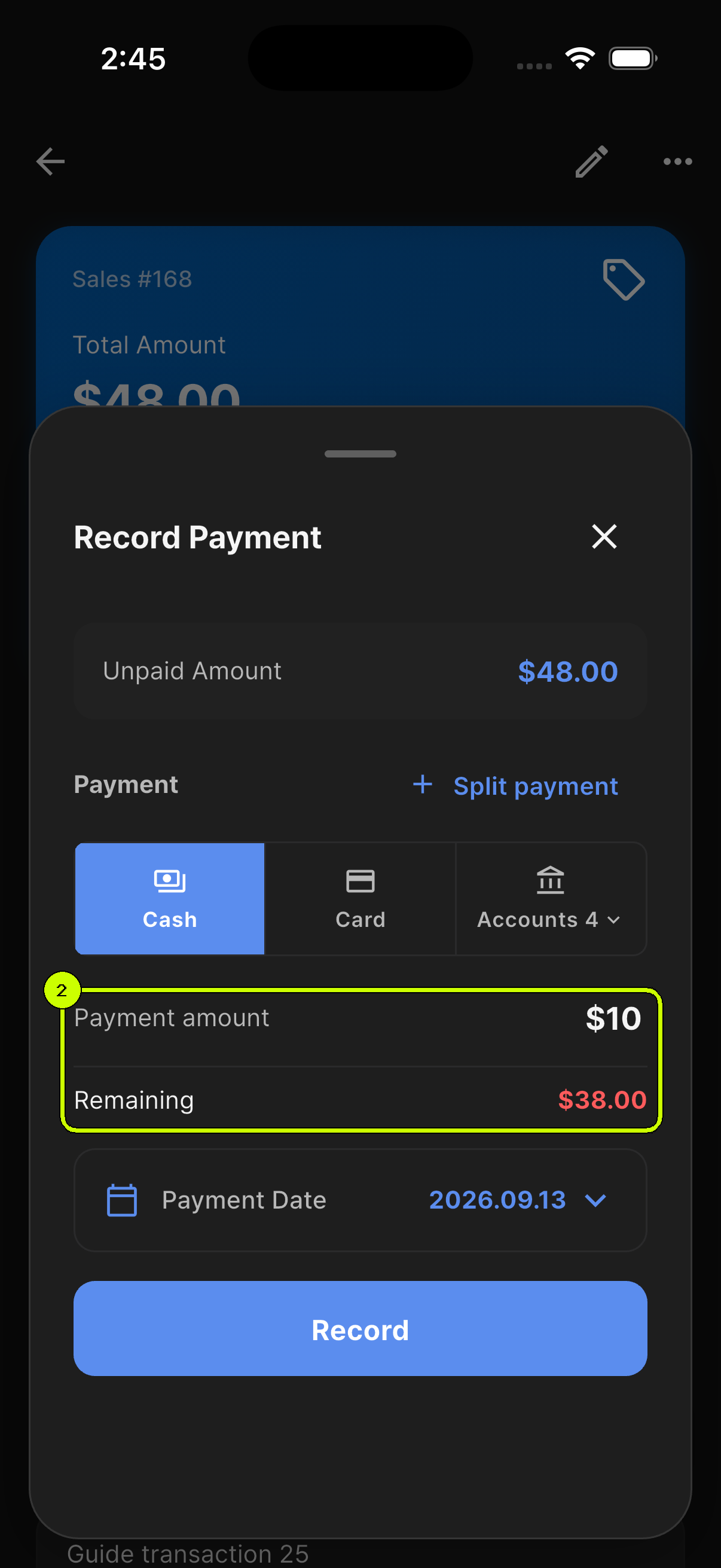 SalesDocks English Record Payment sheet showing a 10 dollar payment and 38 dollars remaining
