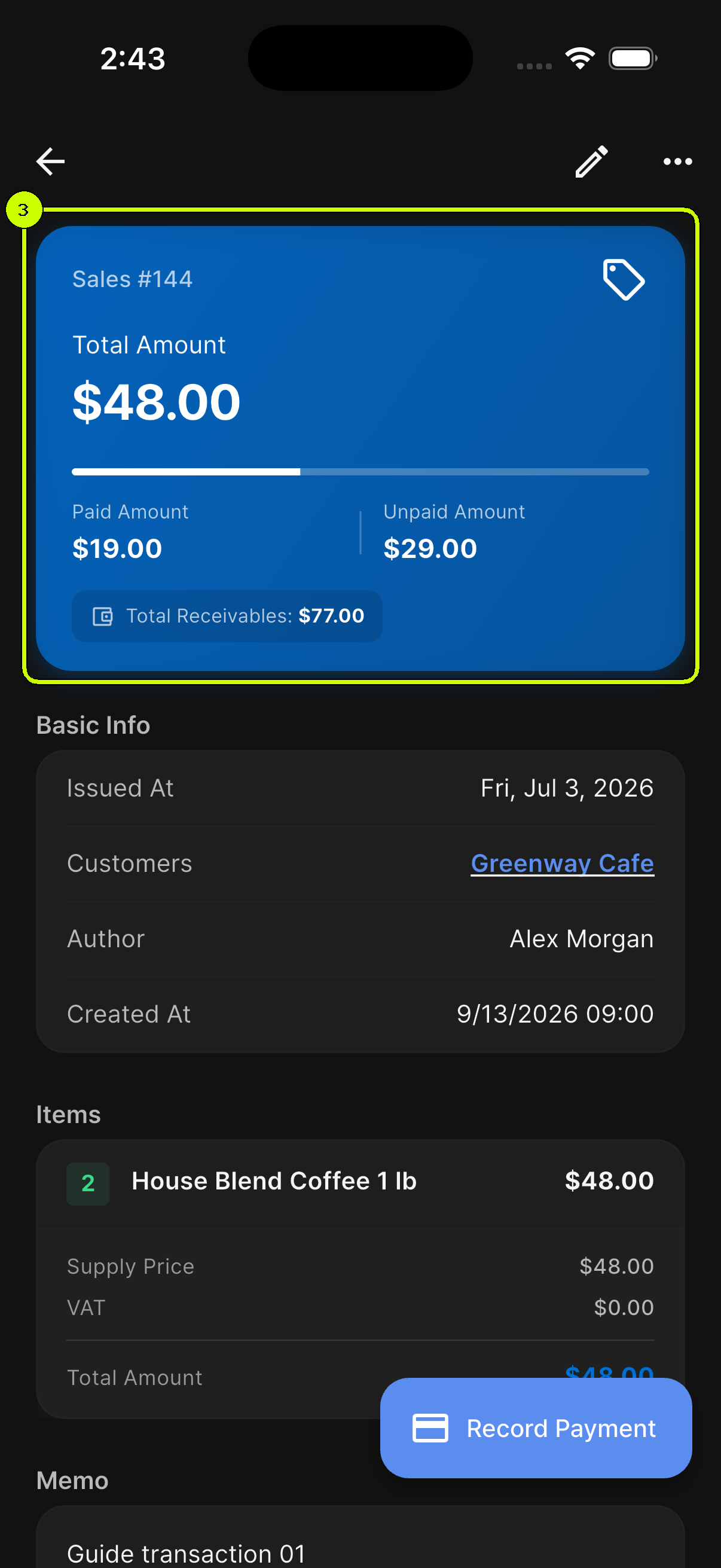 SalesDocks English transaction detail showing 19 dollars paid and 29 dollars unpaid after a partial payment