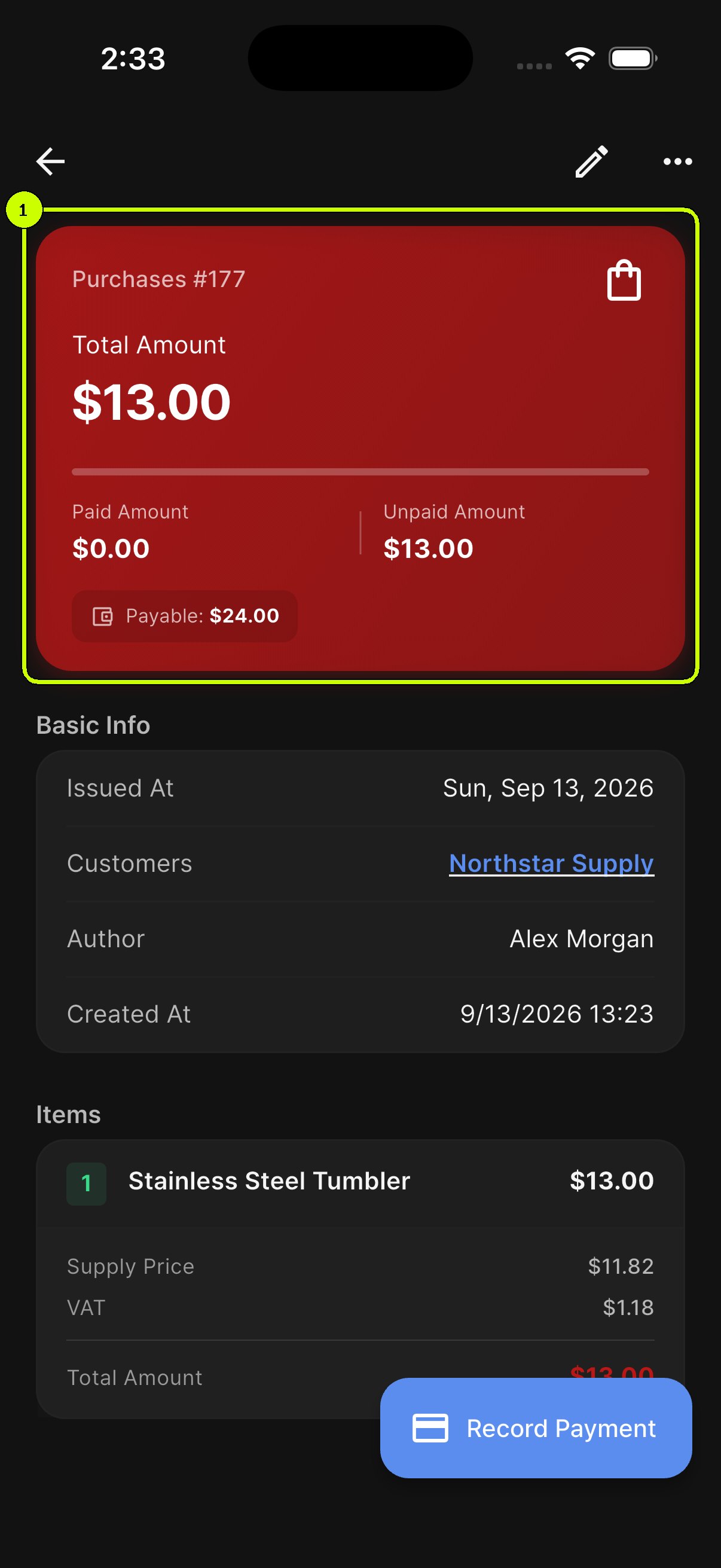SalesDocks English purchase detail with the unpaid amount and supplier payable highlighted