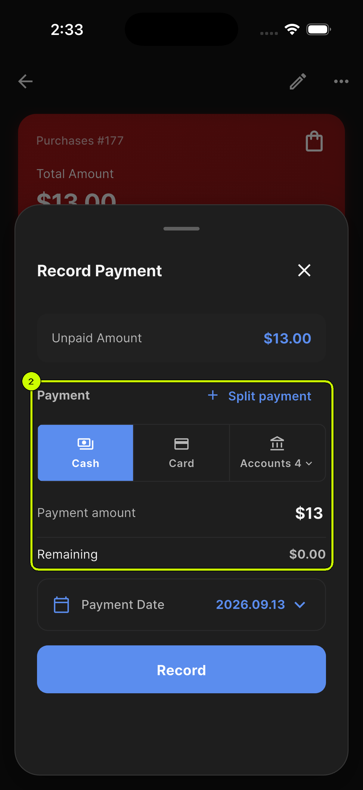 SalesDocks English Record Payment sheet with the payment account and amount highlighted