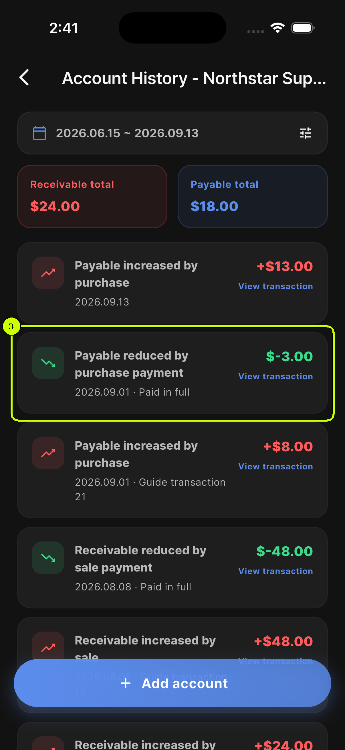 SalesDocks English Northstar Supply account history with a payable payment reduction highlighted