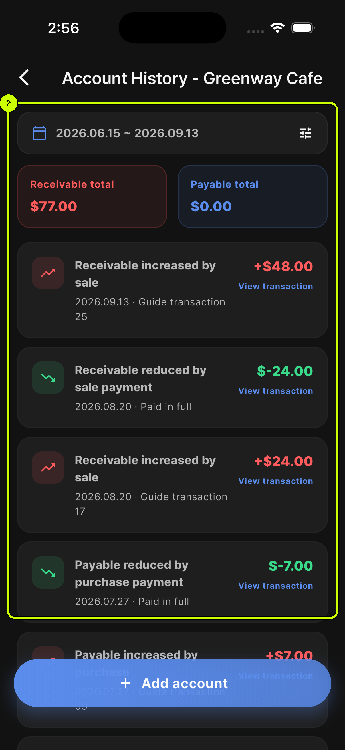SalesDocks English Greenway Cafe account history with realistic sale, purchase, and payment entries highlighted