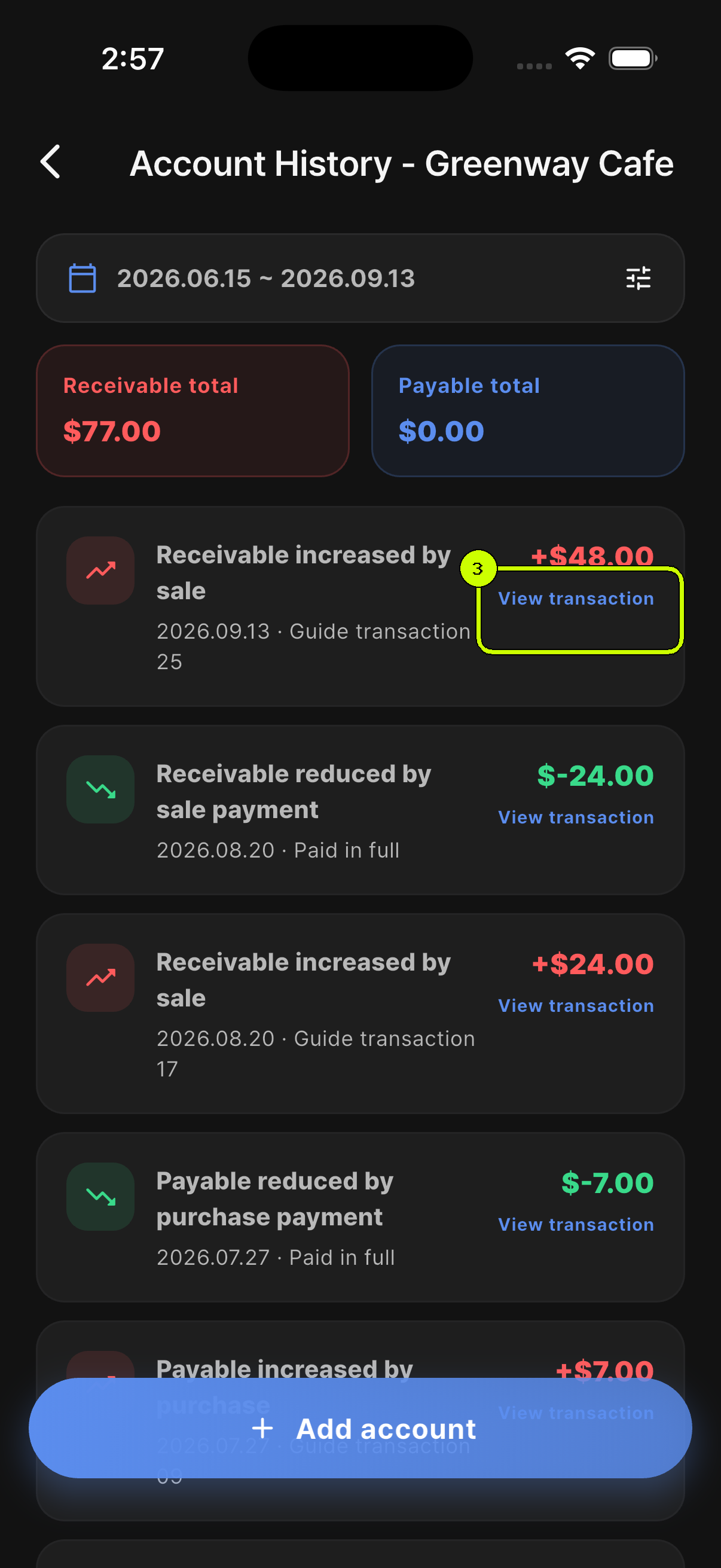 SalesDocks English account history with the View transaction action highlighted