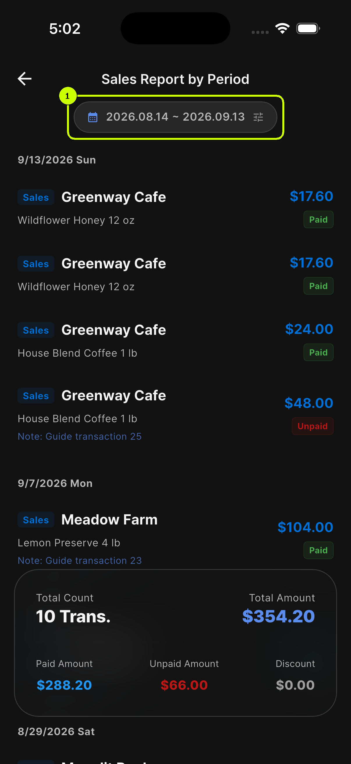 Date range selector highlighted on Sales Report by Period in the SalesDocks English app