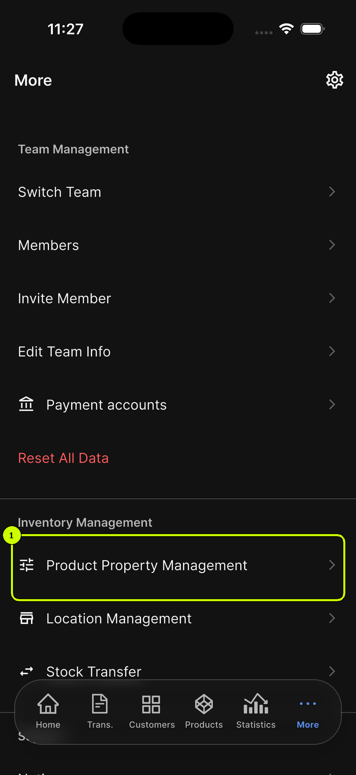 Product Property Management highlighted under Inventory Management in the SalesDocks English More screen