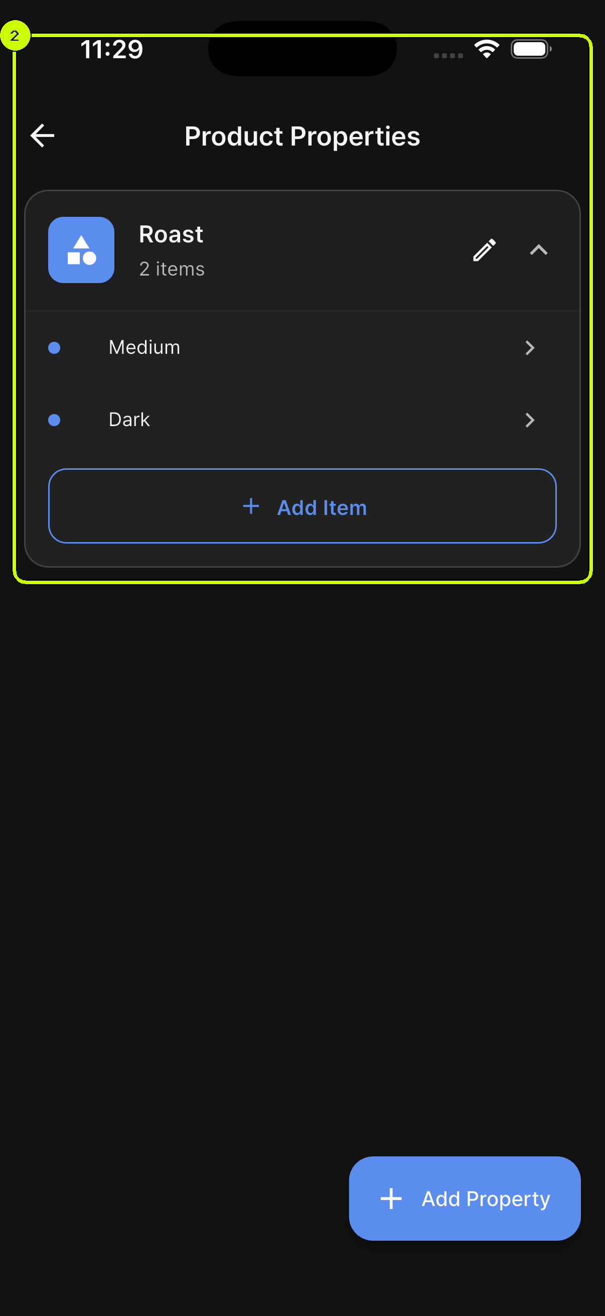 Roast property expanded with Medium and Dark items in the SalesDocks English Product Properties screen