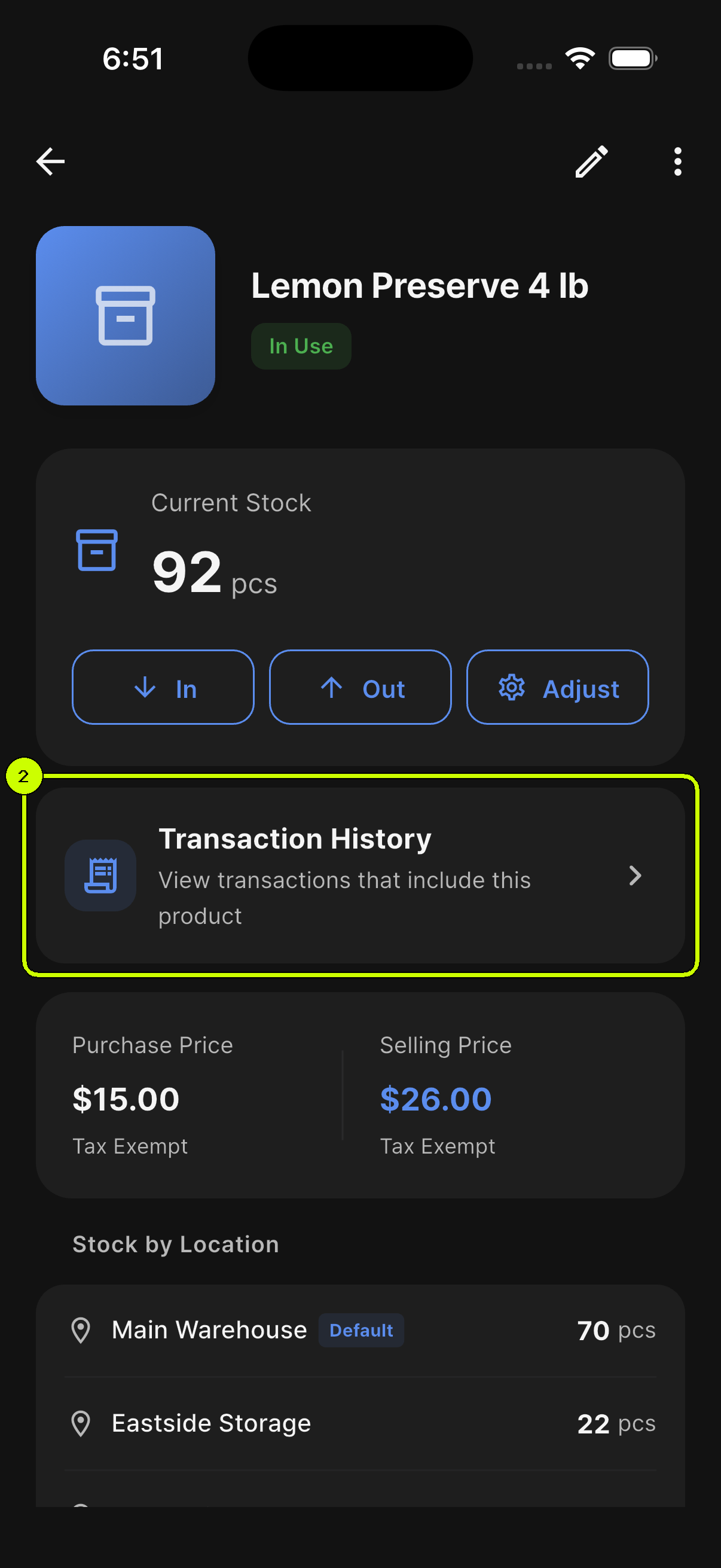 Transaction History entry highlighted in the SalesDocks English product details for Lemon Preserve 4 lb