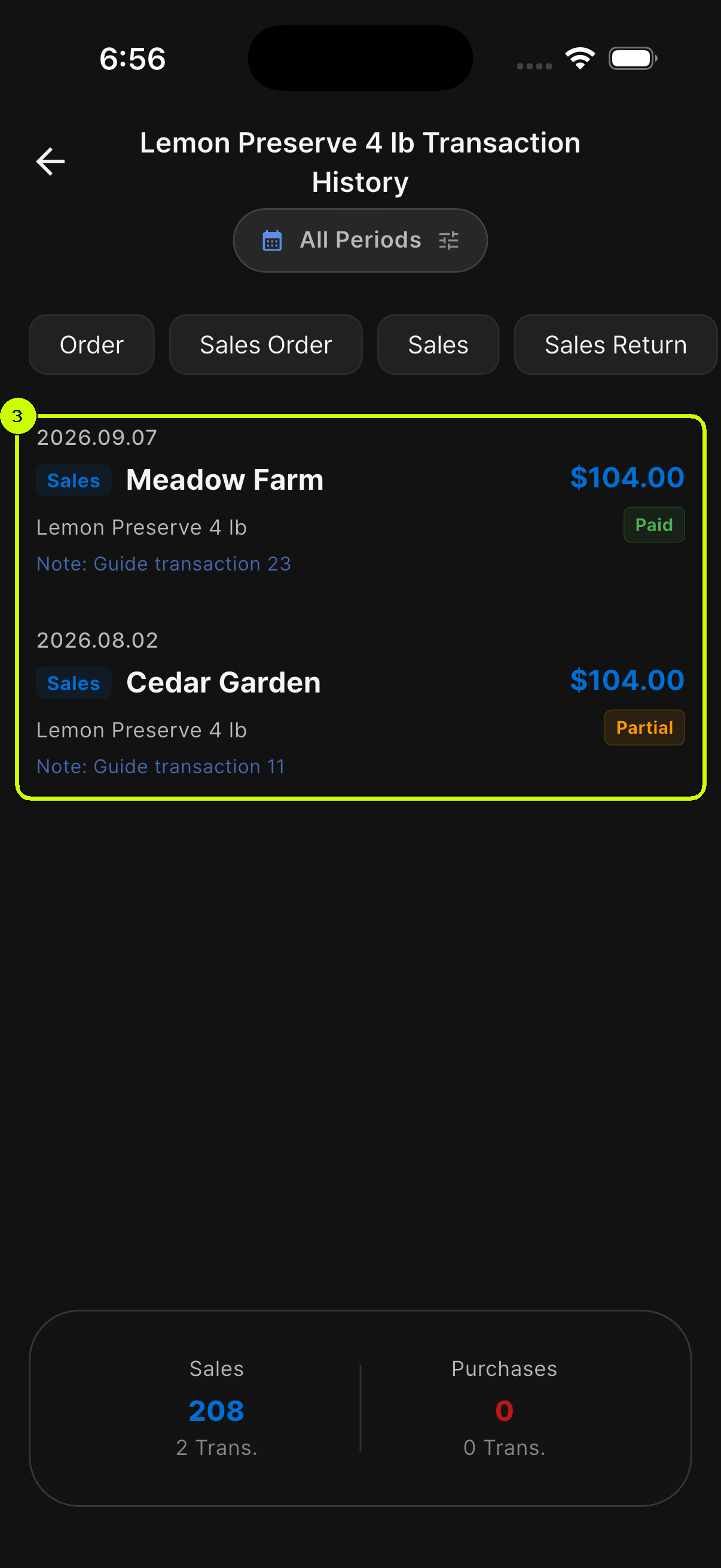 Two English sales records for Lemon Preserve 4 lb highlighted in SalesDocks product transaction history