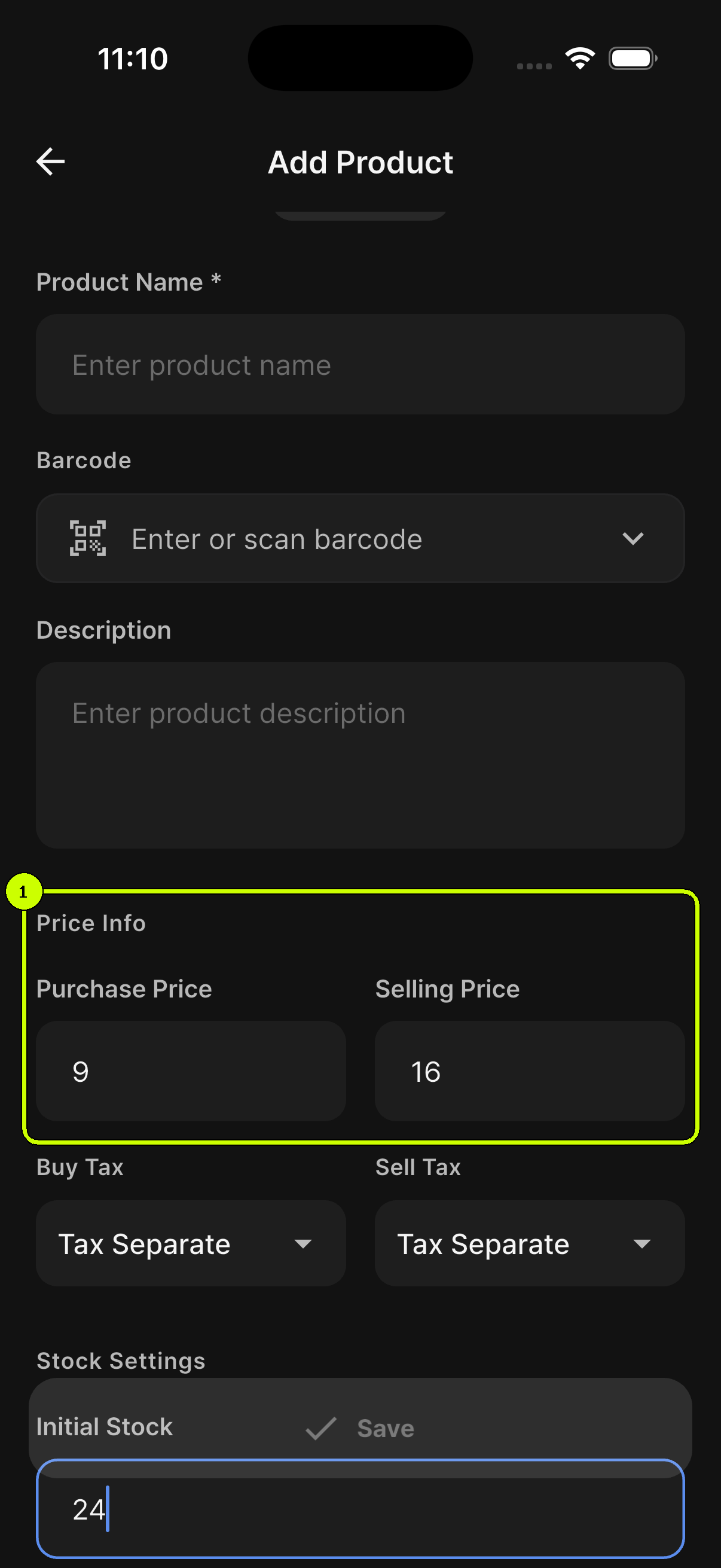 Purchase Price 9 and Selling Price 16 highlighted on the SalesDocks English Add Product screen