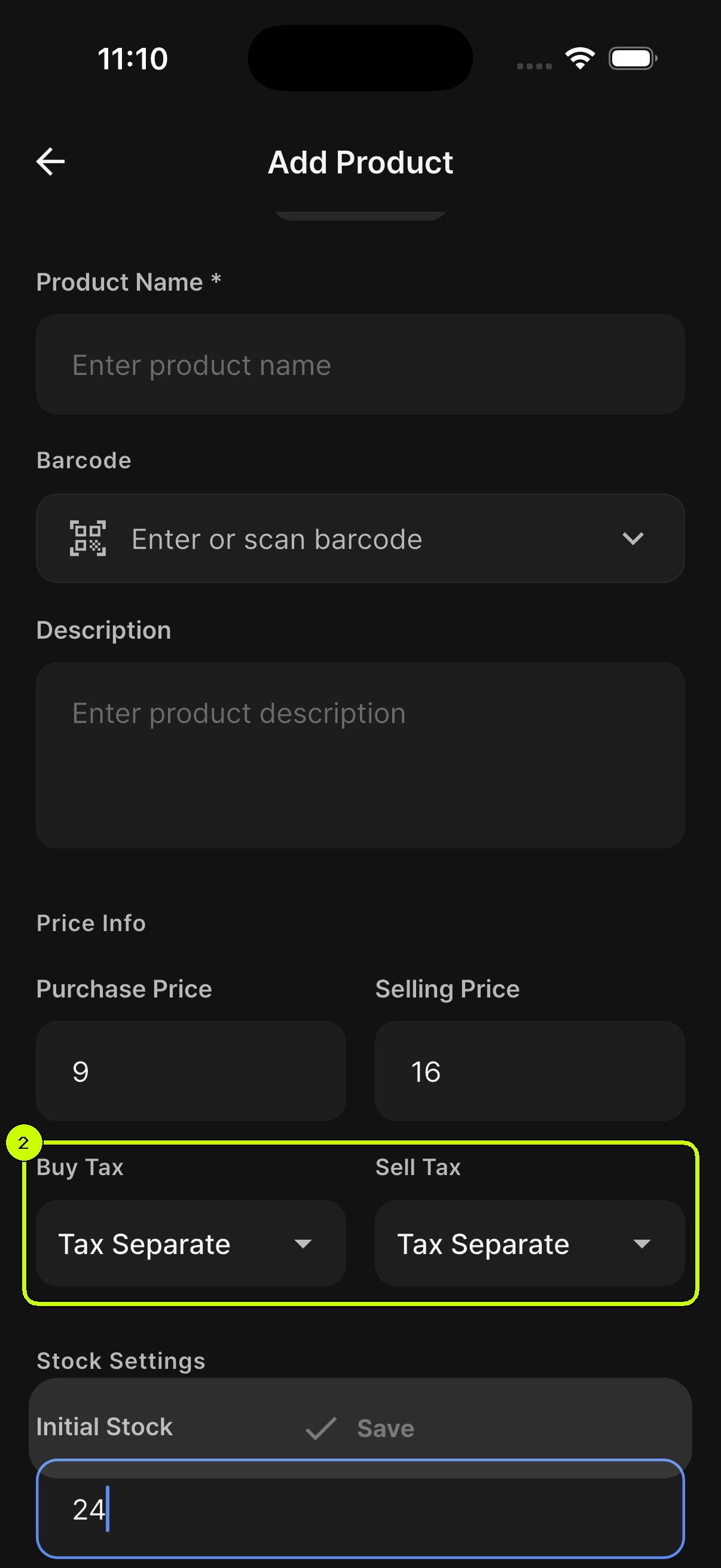 Buy Tax and Sell Tax set to Tax Separate and highlighted on the SalesDocks English Add Product screen