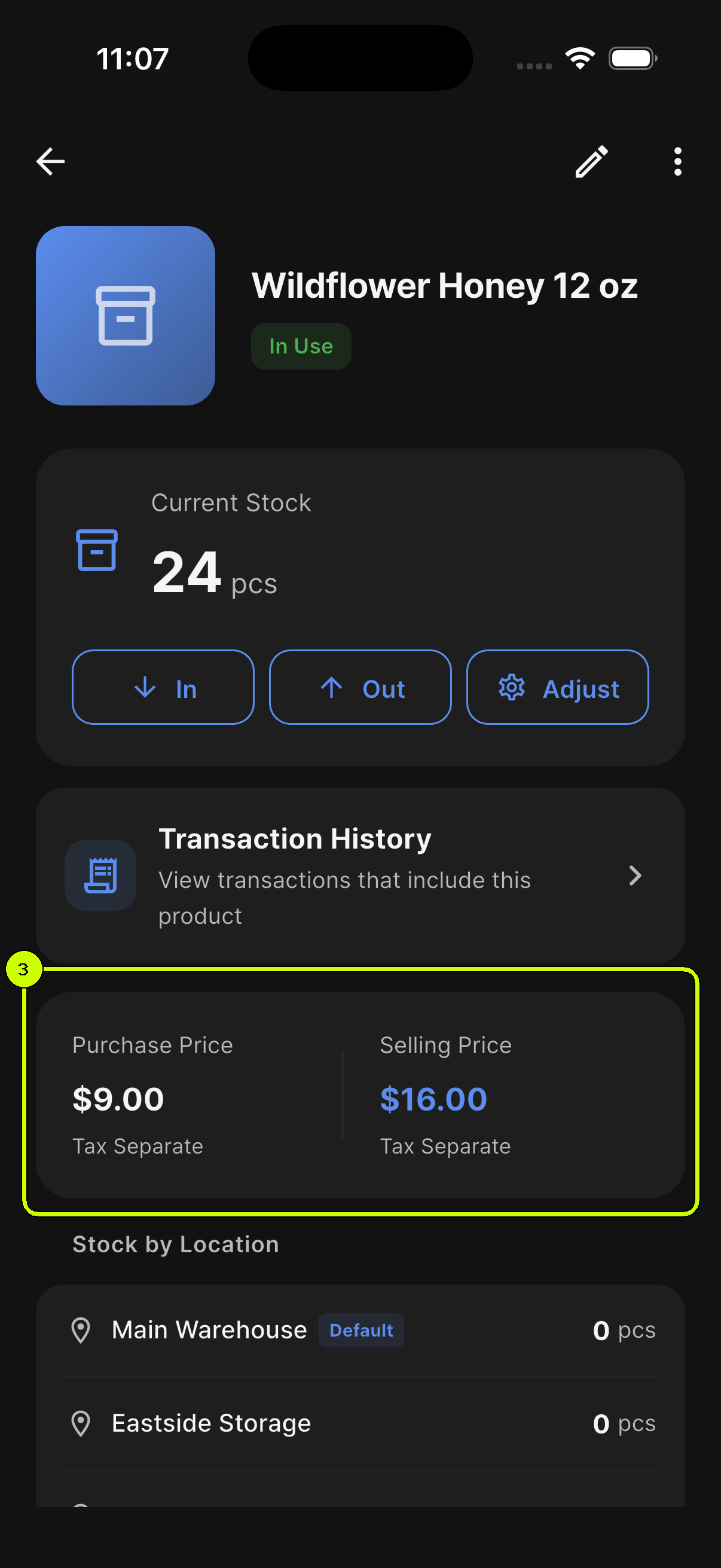 Purchase price, selling price, and tax methods highlighted on the SalesDocks English product detail screen for Wildflower Honey 12 oz